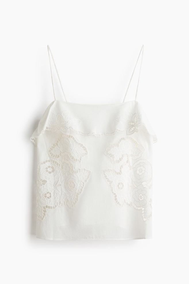 Top de tirantes espagueti con bordado inglés - Crema - 1