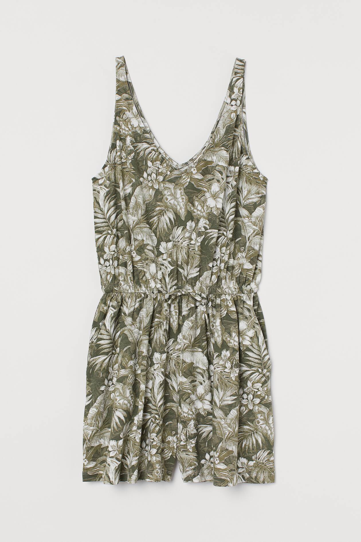 Cotton-blend Romper - V-neck - Sleeveless - Khaki green/leaf print ...