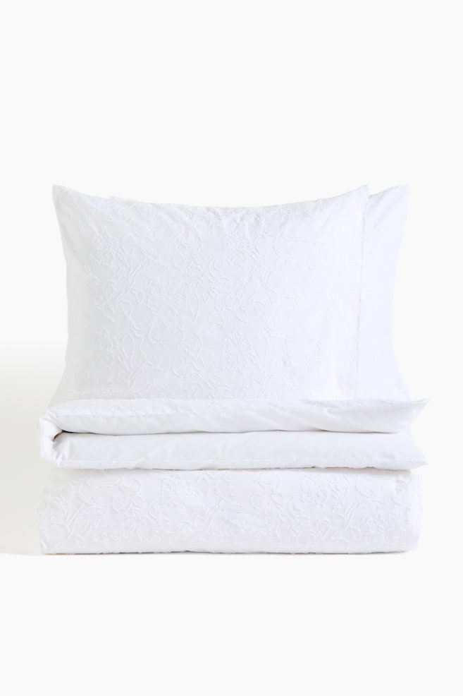 Jacquard-weave double/king duvet cover set - White/Dusty beige - 1
