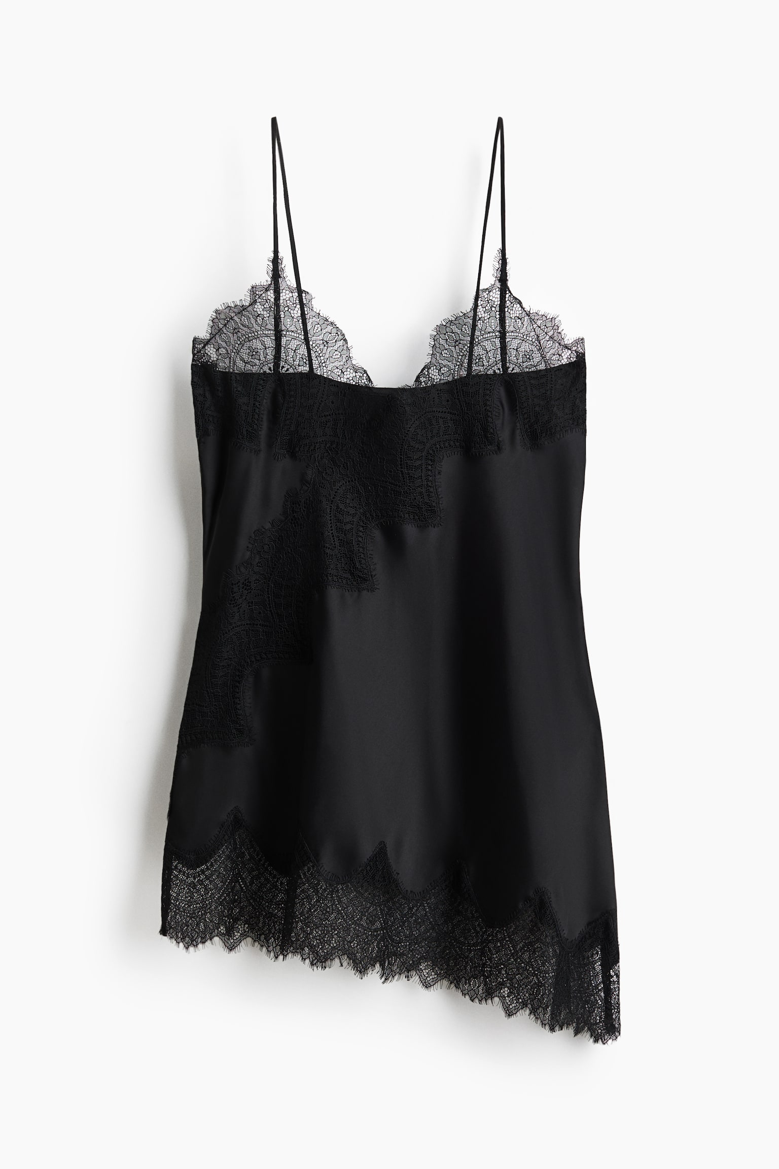 Lace-Trimmed Satin Camisole Top-Black - 1