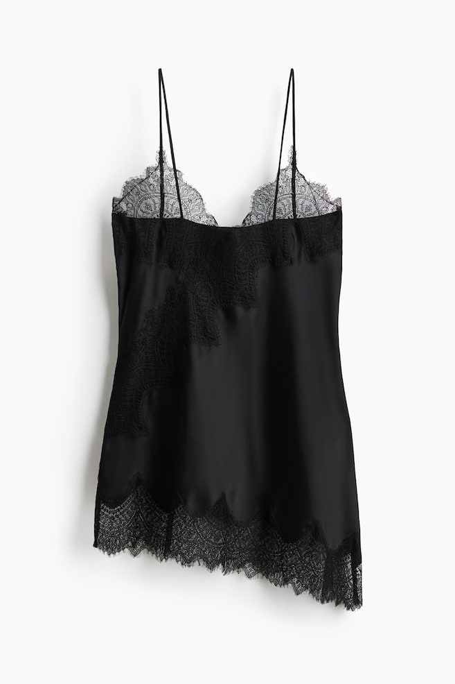 Lace-trimmed strappy satin top - Black/Light dusty pink - 1
