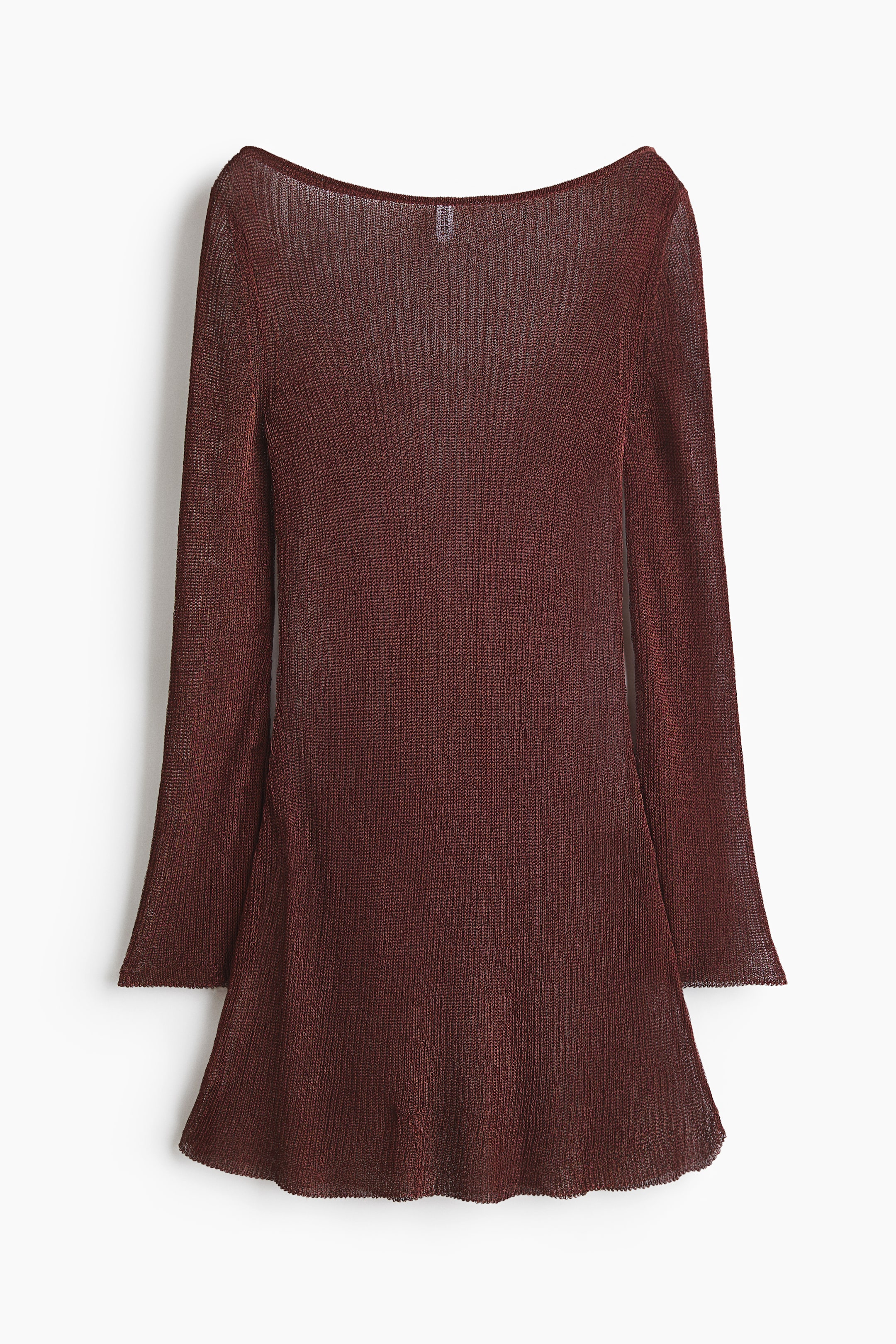 View larger image: Presenting a dark reddish-brown, semi-sheer knitted garment from the back view. It showcases a wide boat neckline, long sleeves with a subtle flare at the cuffs, a ribbed texture throughout, and a gently flaring, wavy hemline.