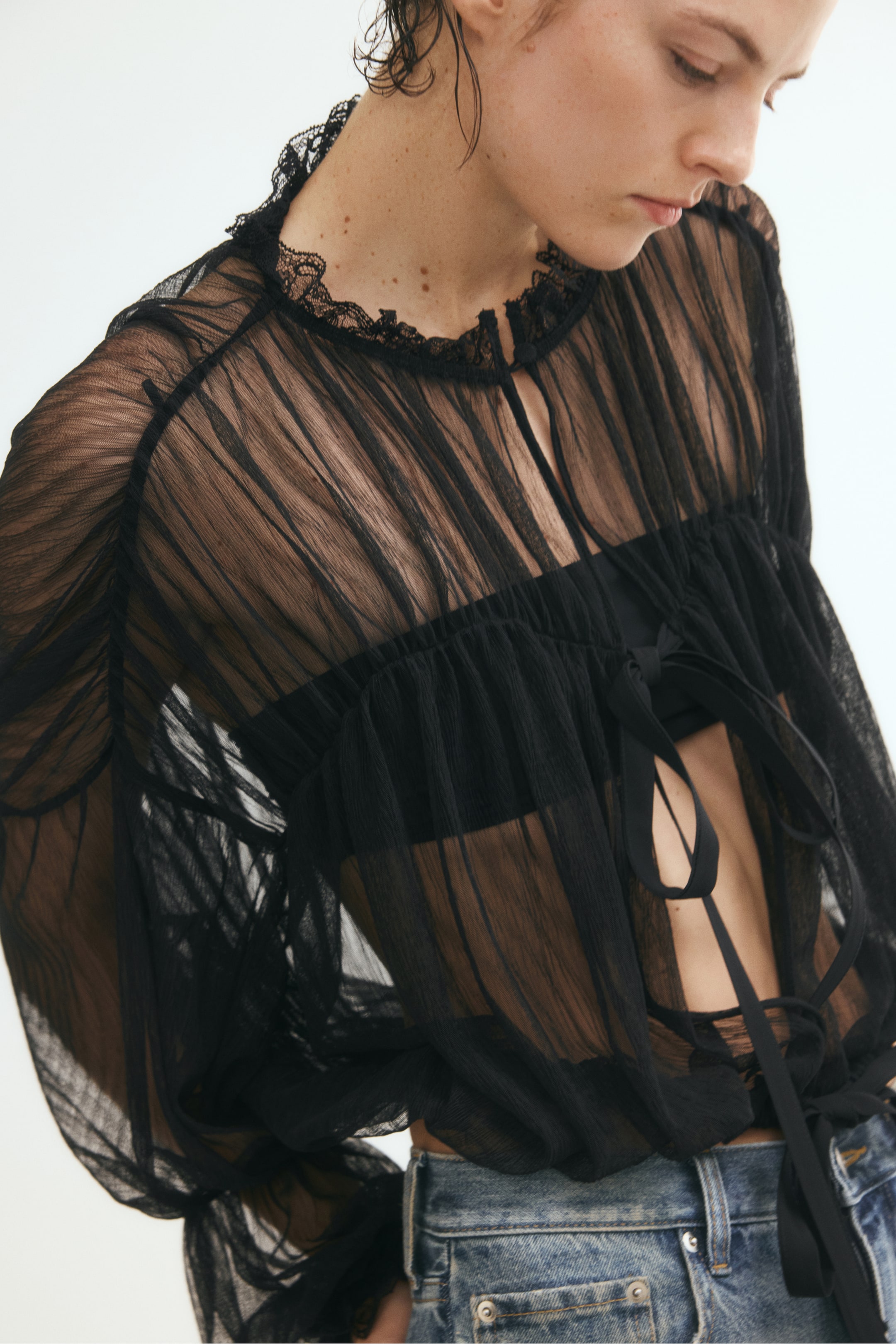 View larger image: Sheer tie-front blouse - Black - Ladies | H&M 1