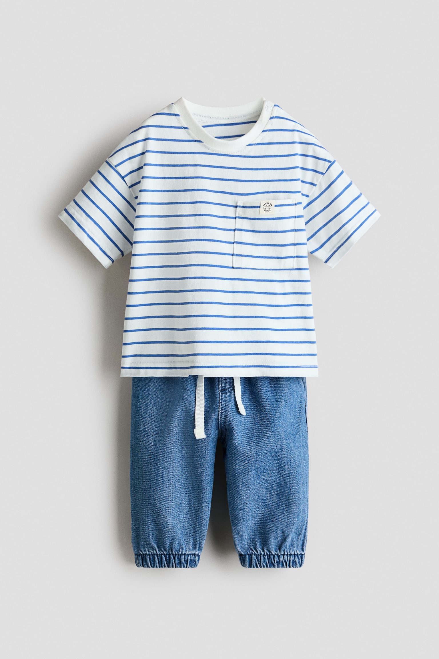 Комплект із 2 виробів з футболкою й джогерами - Блакитний денім/смужки/Сірий - 1