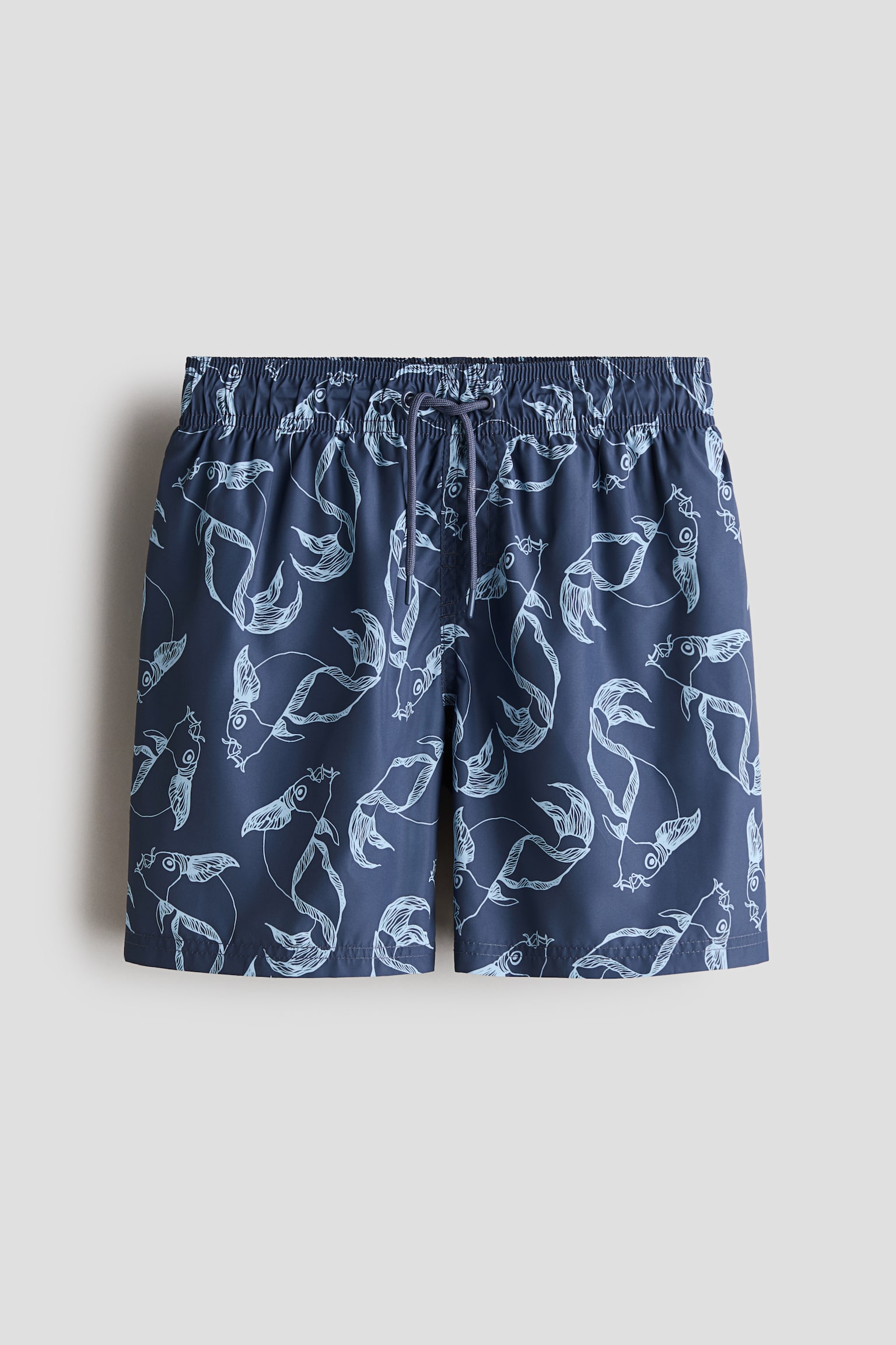 Gemusterte Badeshorts - Dunkelblau/Fische/Mattblau/Gemustert/Marineblau/Geblümt/Knallblau/Batikmuster/Marineblau/Palmen/Knallorange/Geblümt/Marineblau/Palmen/Schwarz/Palmen