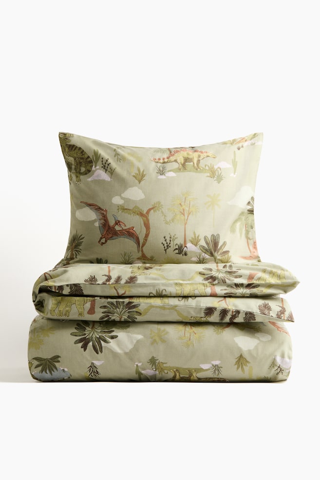 Patterned single duvet cover set - Green/Dinosaurs/Light beige/Dinosaurs - 1