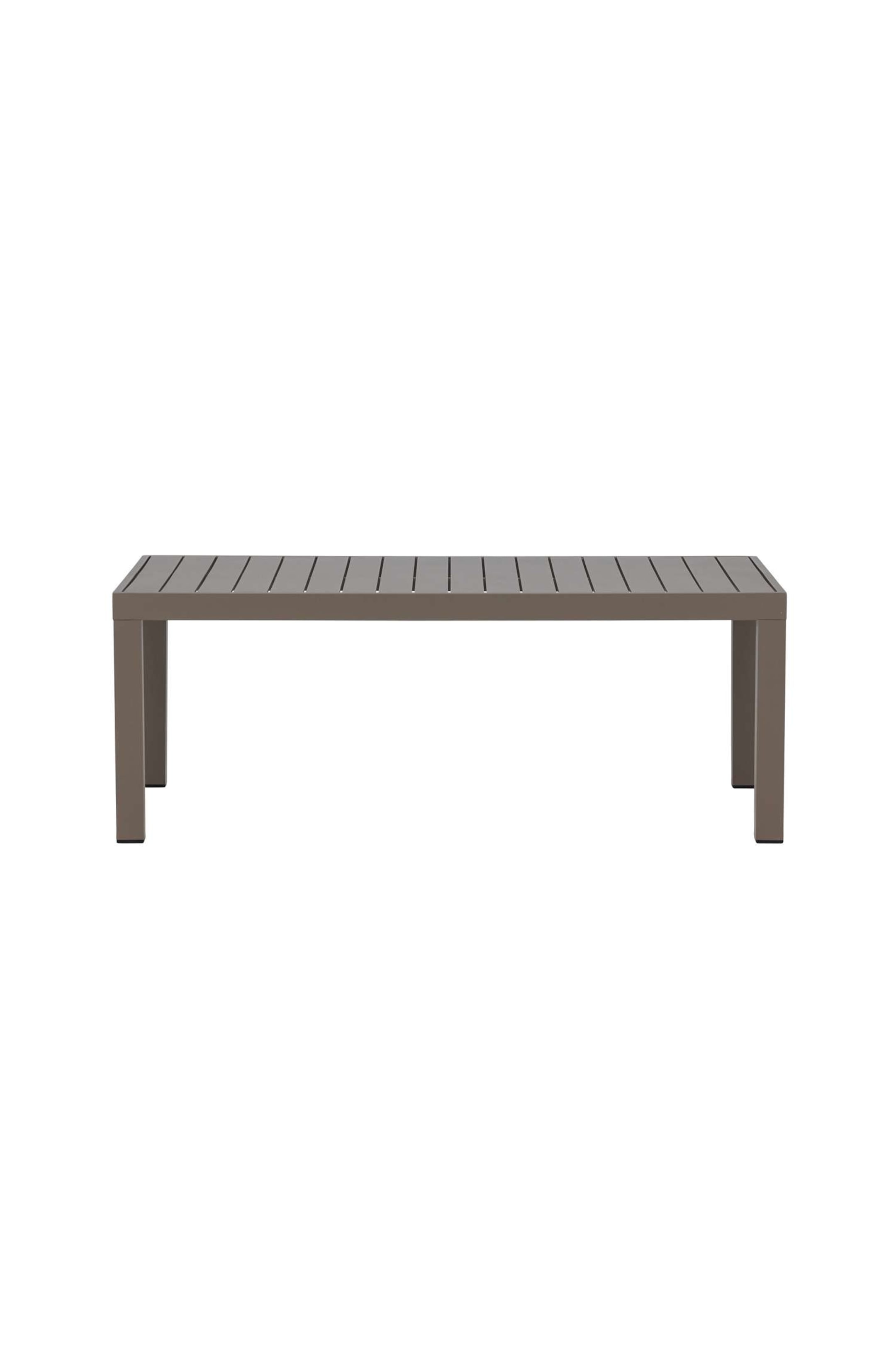 Se større billede: En rektangulær bænk med en lameltop og fire firkantede ben, alle i en ensartet mørkegrå farve, der vender direkte fremad.
