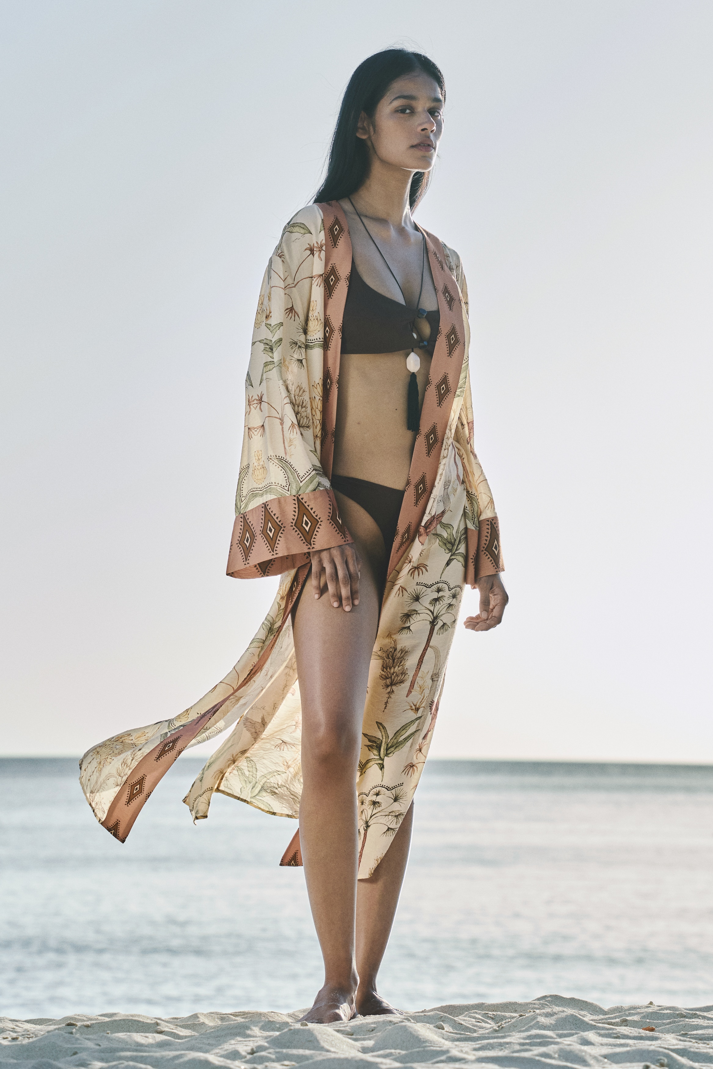 Loose-Fit Kaftan - Pale yellow/plants