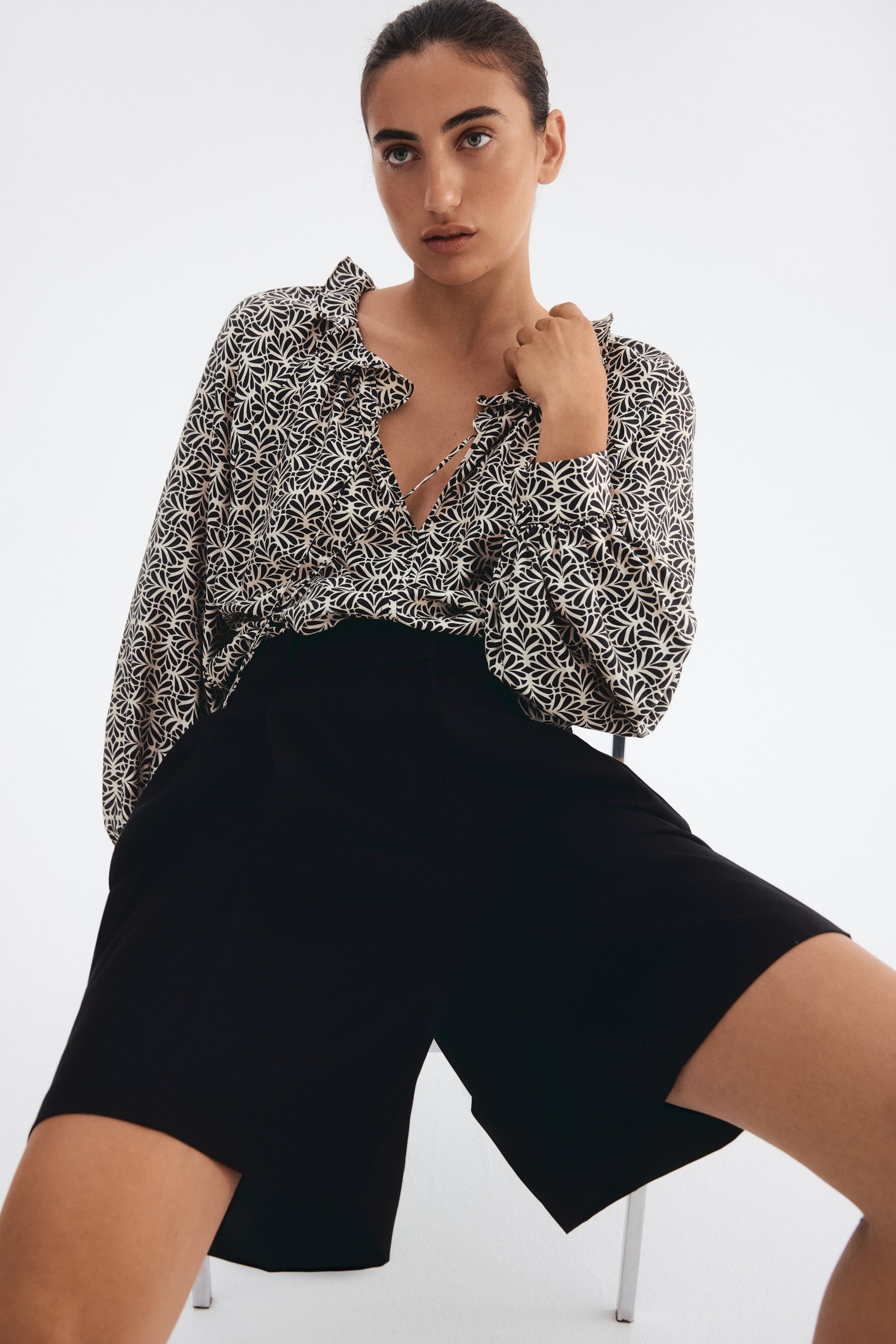 View larger image: Frill-collar blouse - Cream/Dark grey patterned - Ladies | H&M IN 1