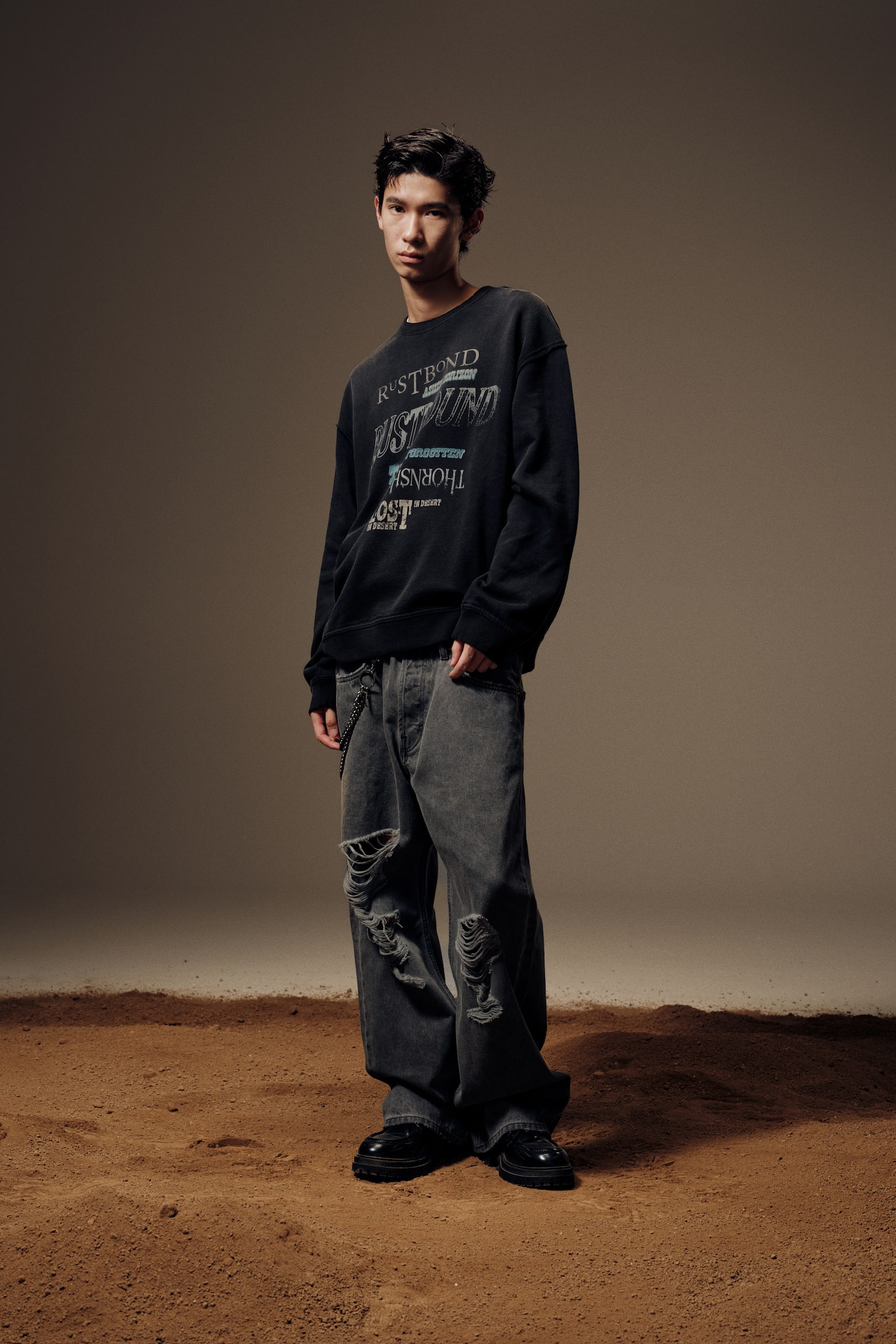 프린트 스웨트셔츠 루즈핏 - 다크 그레이/블랙 - 4