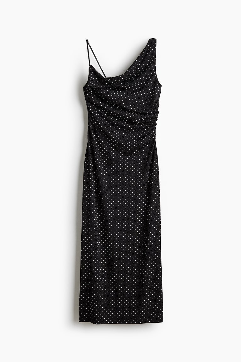 down with love asymmetrical midi dress black / white polka Ladies - Black/Polka Dot Draped Asymmetric - Size: XL One extra