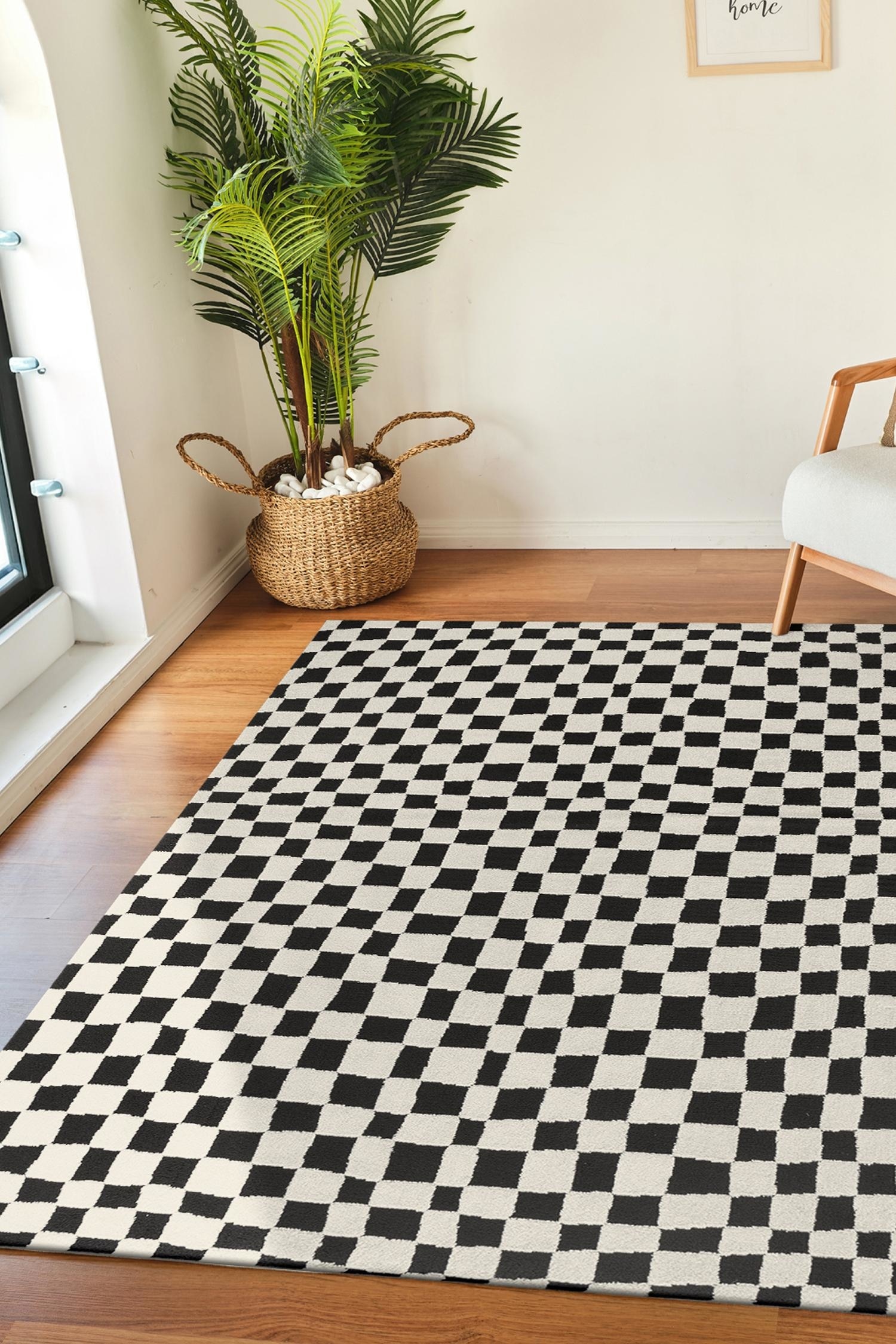 Scandi Modern High Pile Checkered Area Rug - Black/Brown/White