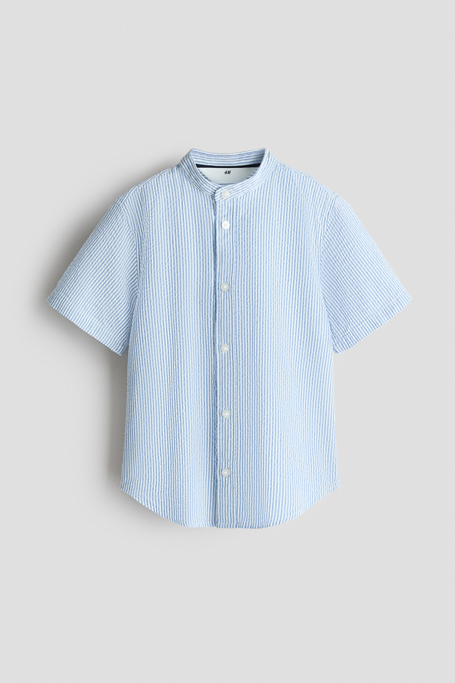 Cotton Seersucker Band-Collar Shirt - White/blue striped/White/brown striped/White