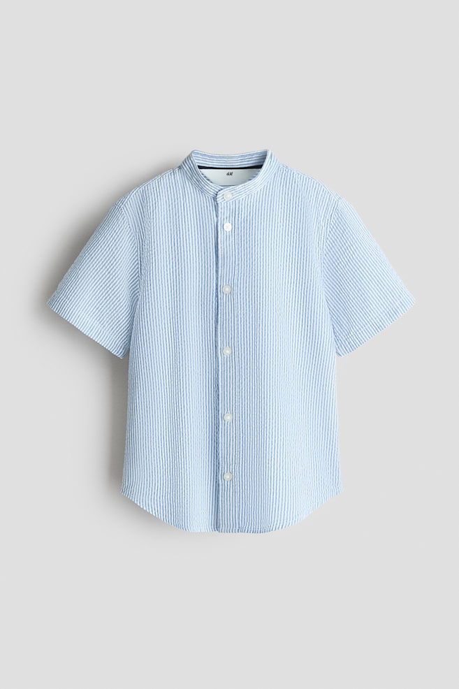 Cotton Seersucker Band-Collar Shirt - White/blue striped/White/brown striped/White - 1