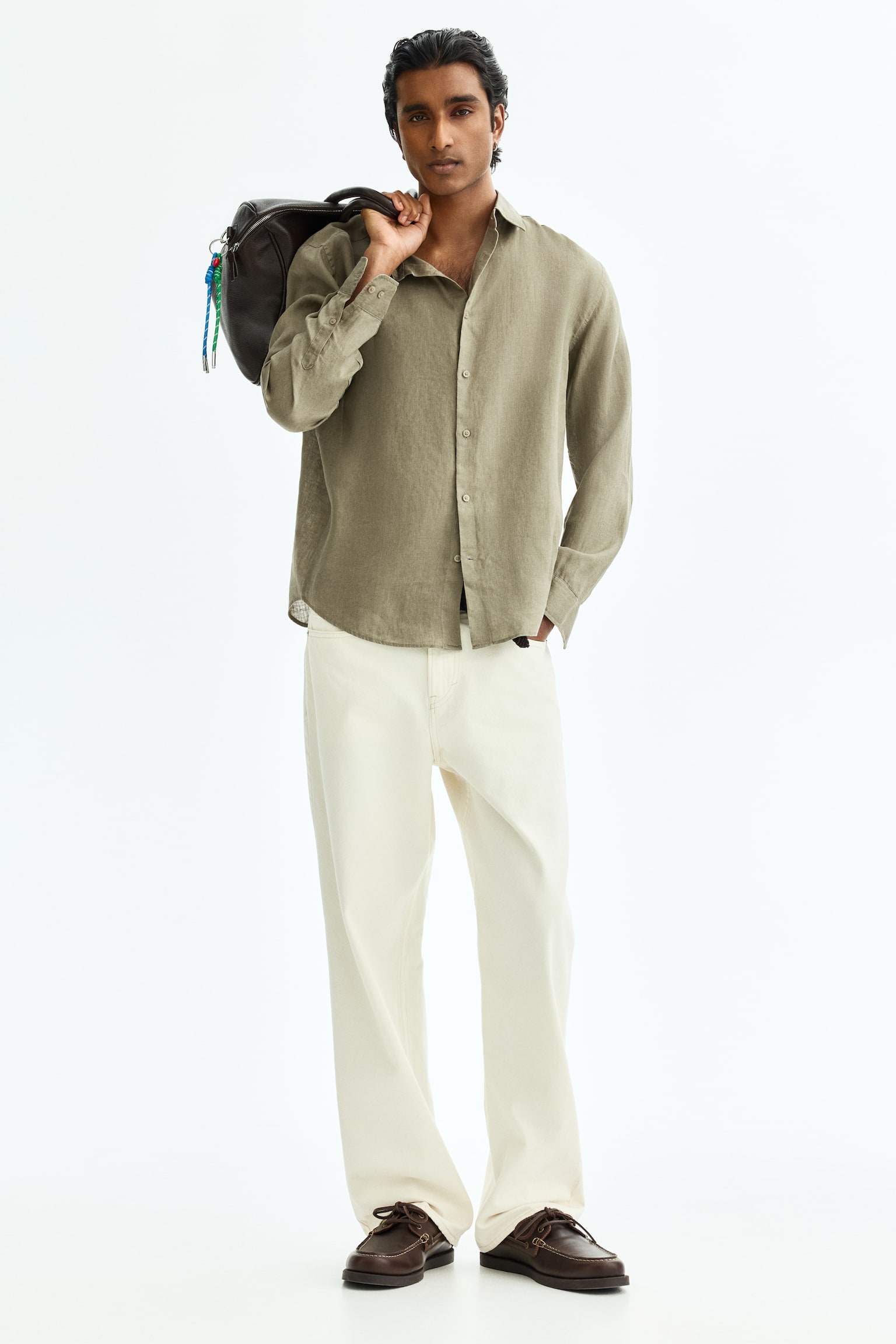 Slim Fit Linen shirt - Khaki green/Light blue/White/Black - 1