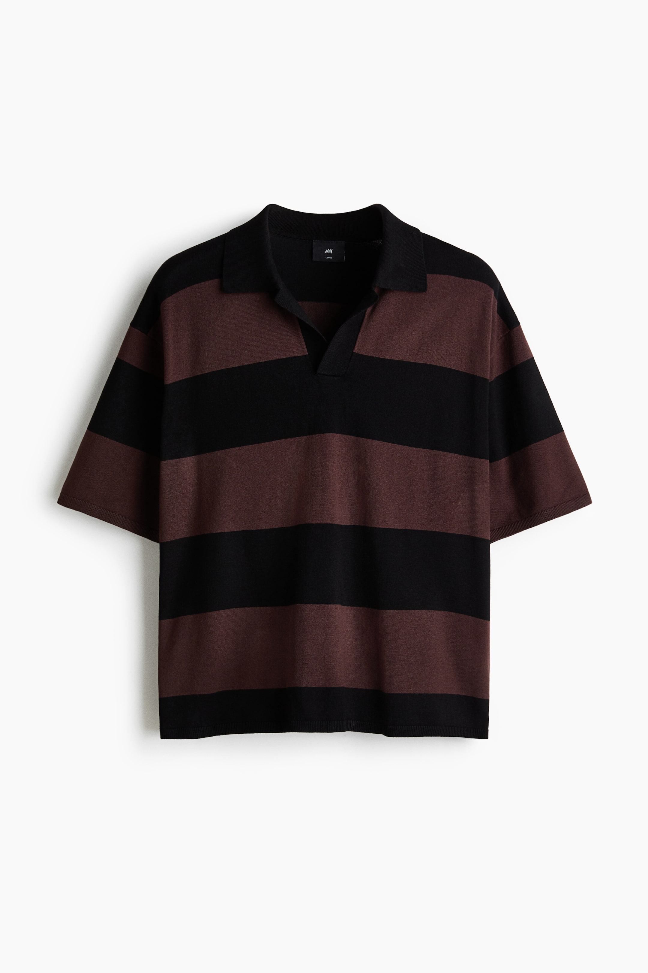 View larger image: A short-sleeved polo shirt displays black and brown horizontal stripes across the front. It features a spread collar and a V-neck placket.