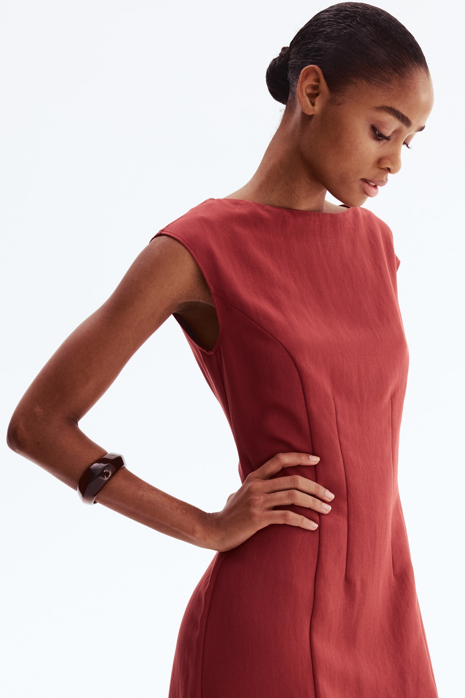 Waisted sleeveless dress - Dark red/Dark khaki green - 4