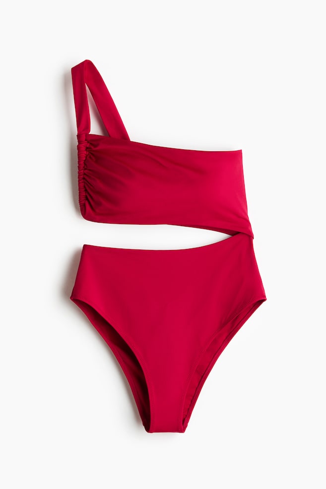 One-shoulderbadpak met cutout - Donkerroze/Helderrood/Zwart - 1