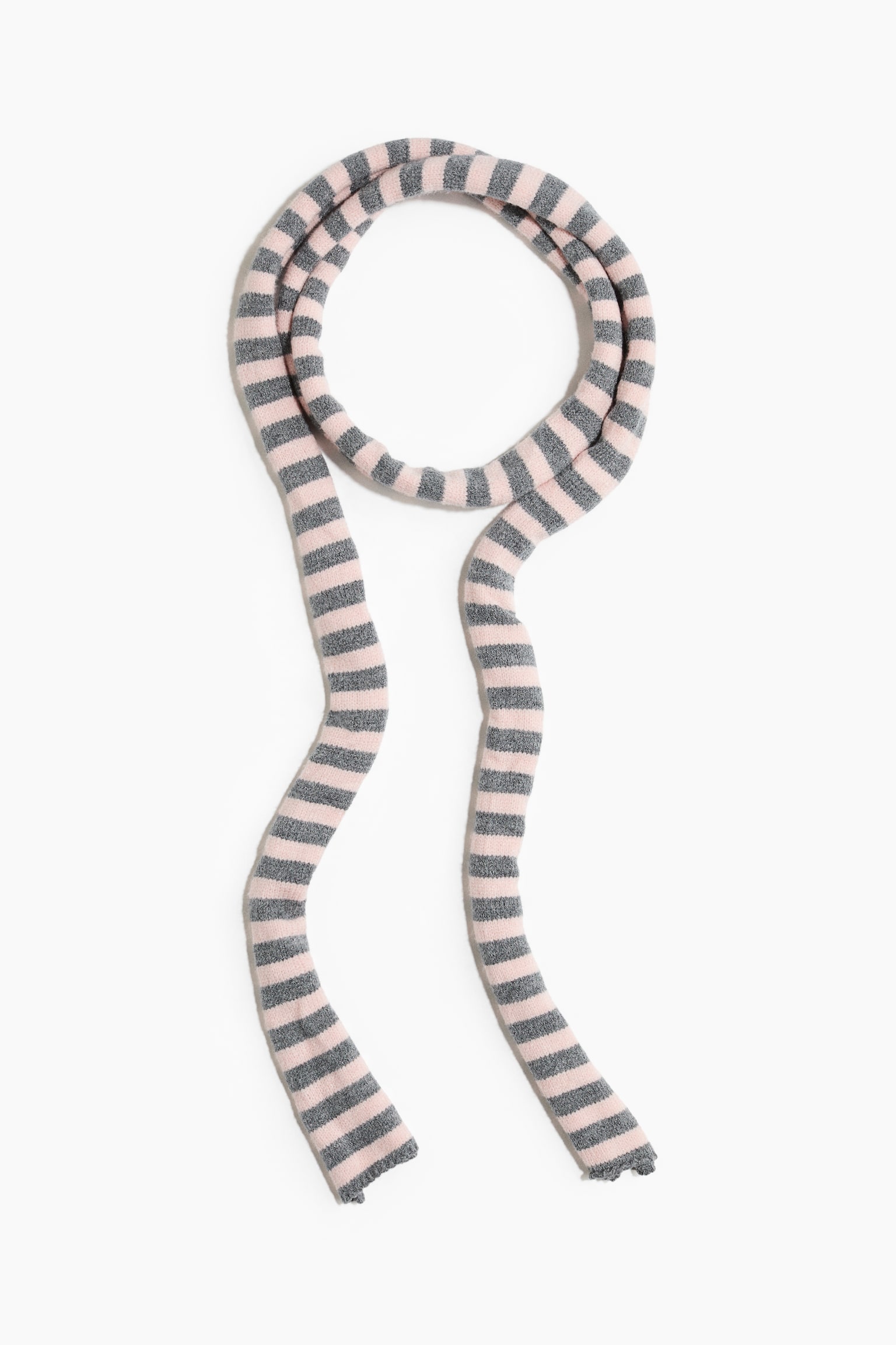 A long, narrow scarf in a viscose-blend knit is displaying alternating horizontal stripes of light pink and gray. The scarf is arranged in a loop at the top with two long ends hanging downward.