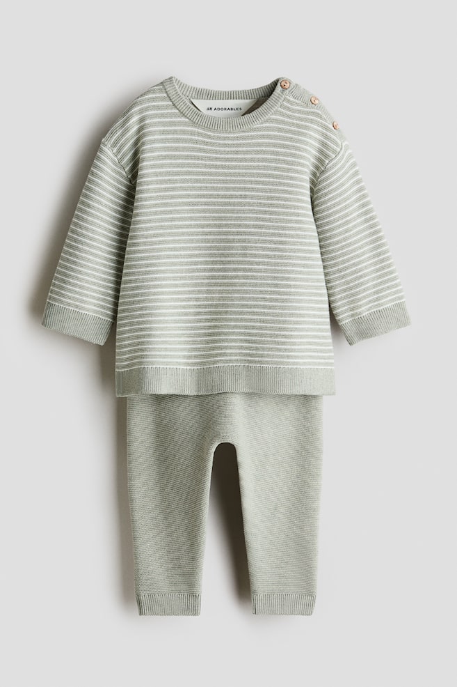 2-Piece Fine-Knit Cotton Set - Light khaki green/striped/Cream/nepped - 1