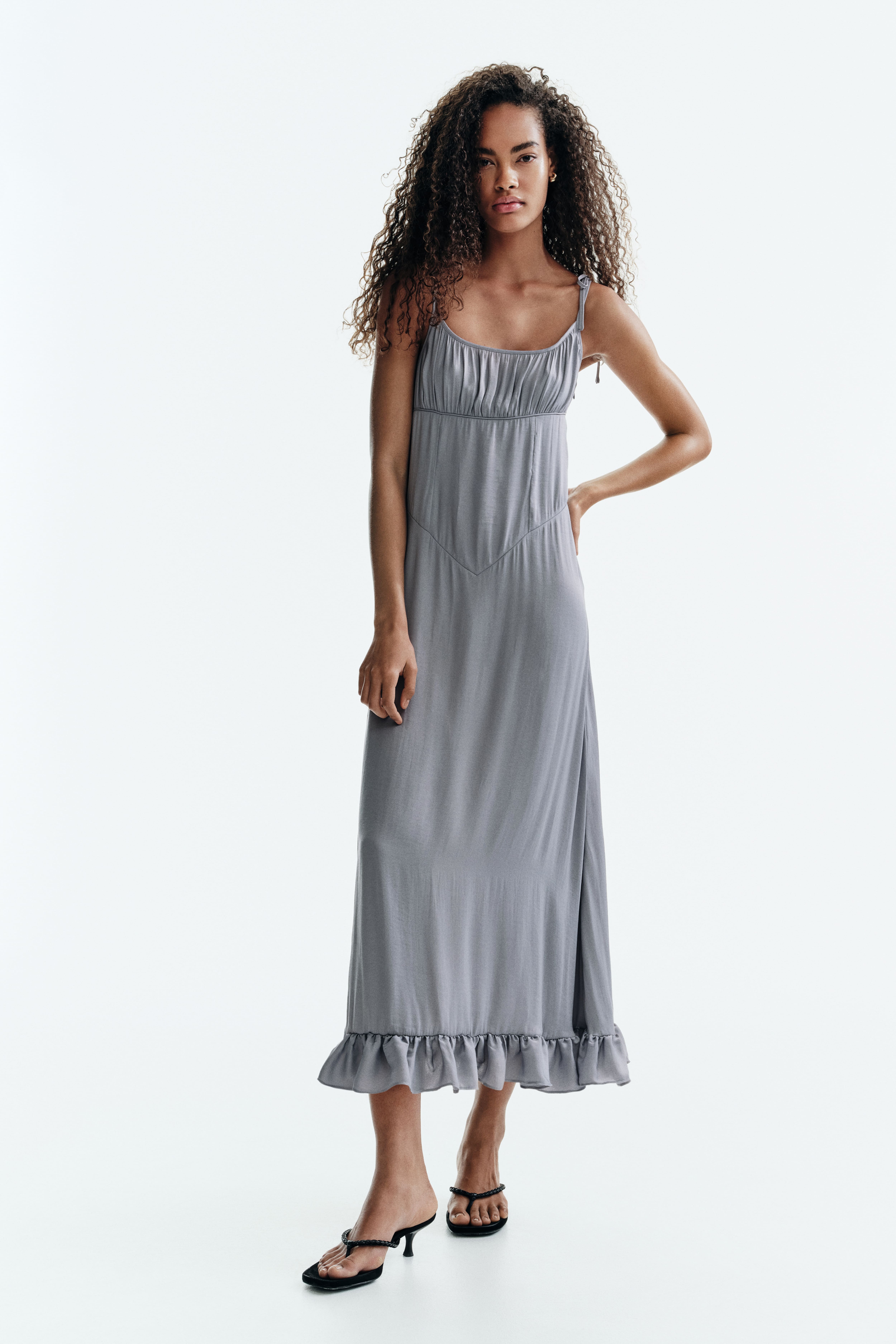 Ruffle-Trimmed Dress with Tie Shoulder Straps