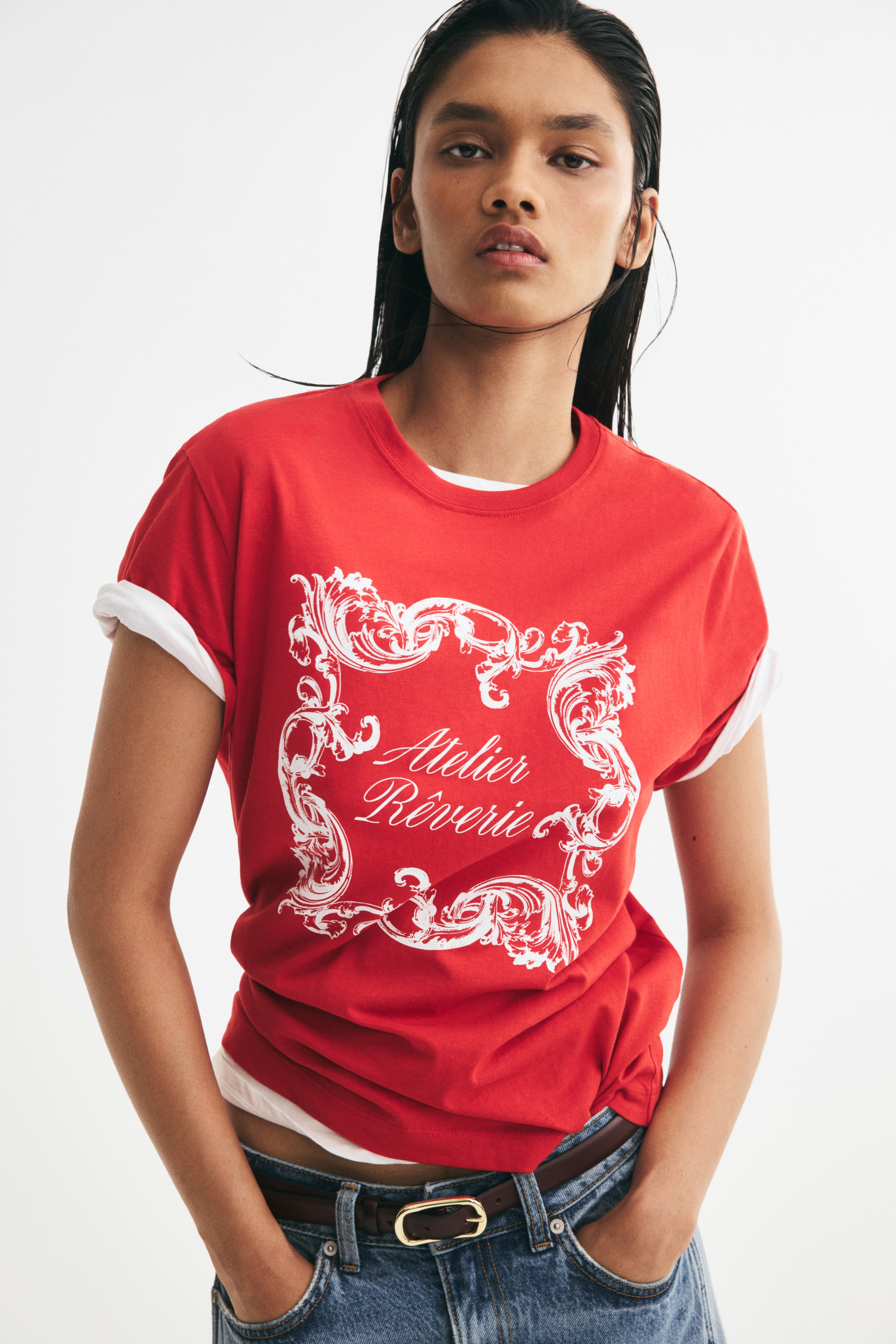 Print-motif cotton T-shirt - Bright red/Atelier Rêverie/Burgundy/Jardin Poésie/White/Flowers/Beige/Flowers