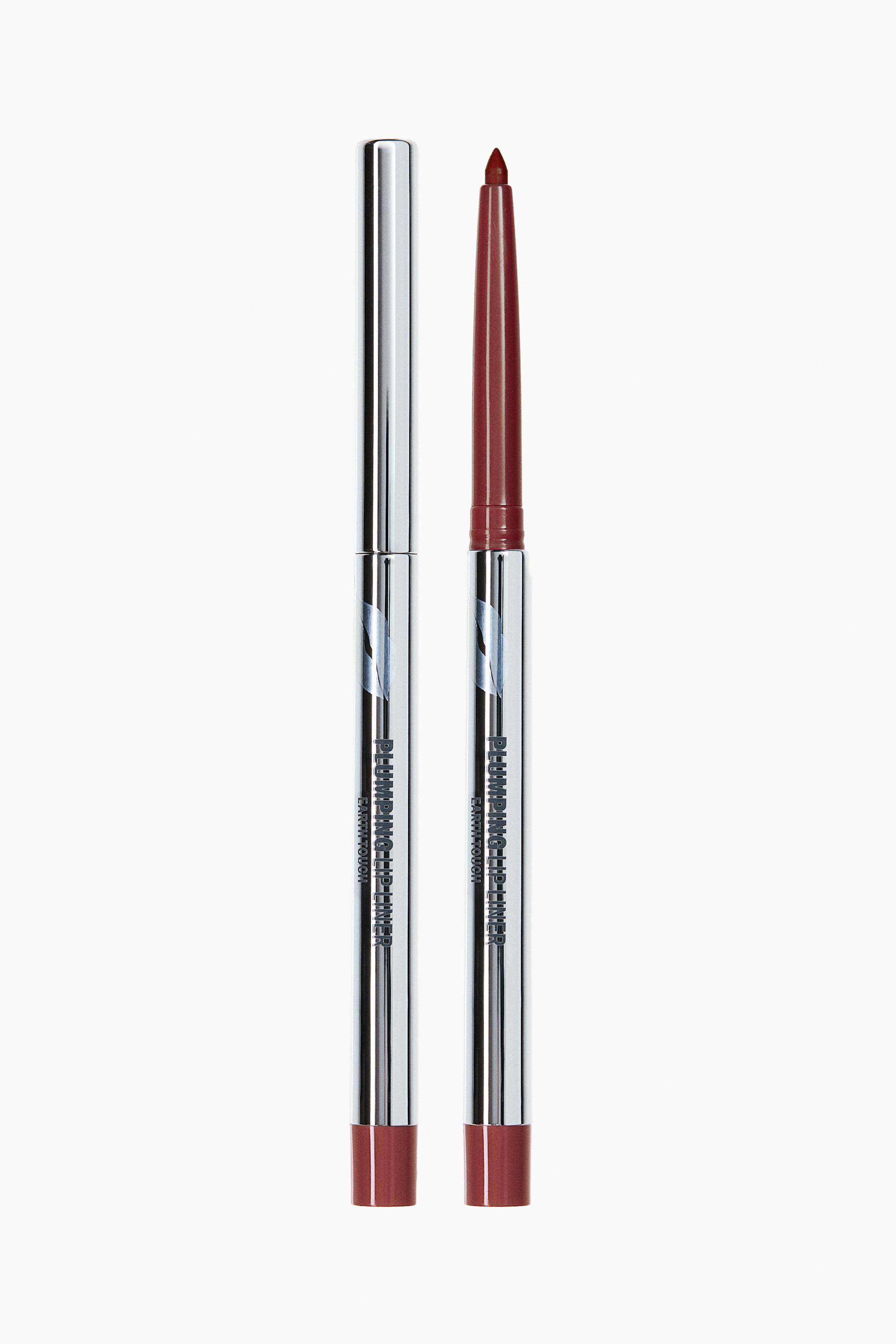 View larger image: Two lip liners stand upright. One is uncapped, showcasing a sharp, deep reddish-brown tip. The other remains capped, displaying the matching deep reddish-brown hue at its base. Both feature a metallic silver casing with "plumping lip liner" clearly visible on the side.