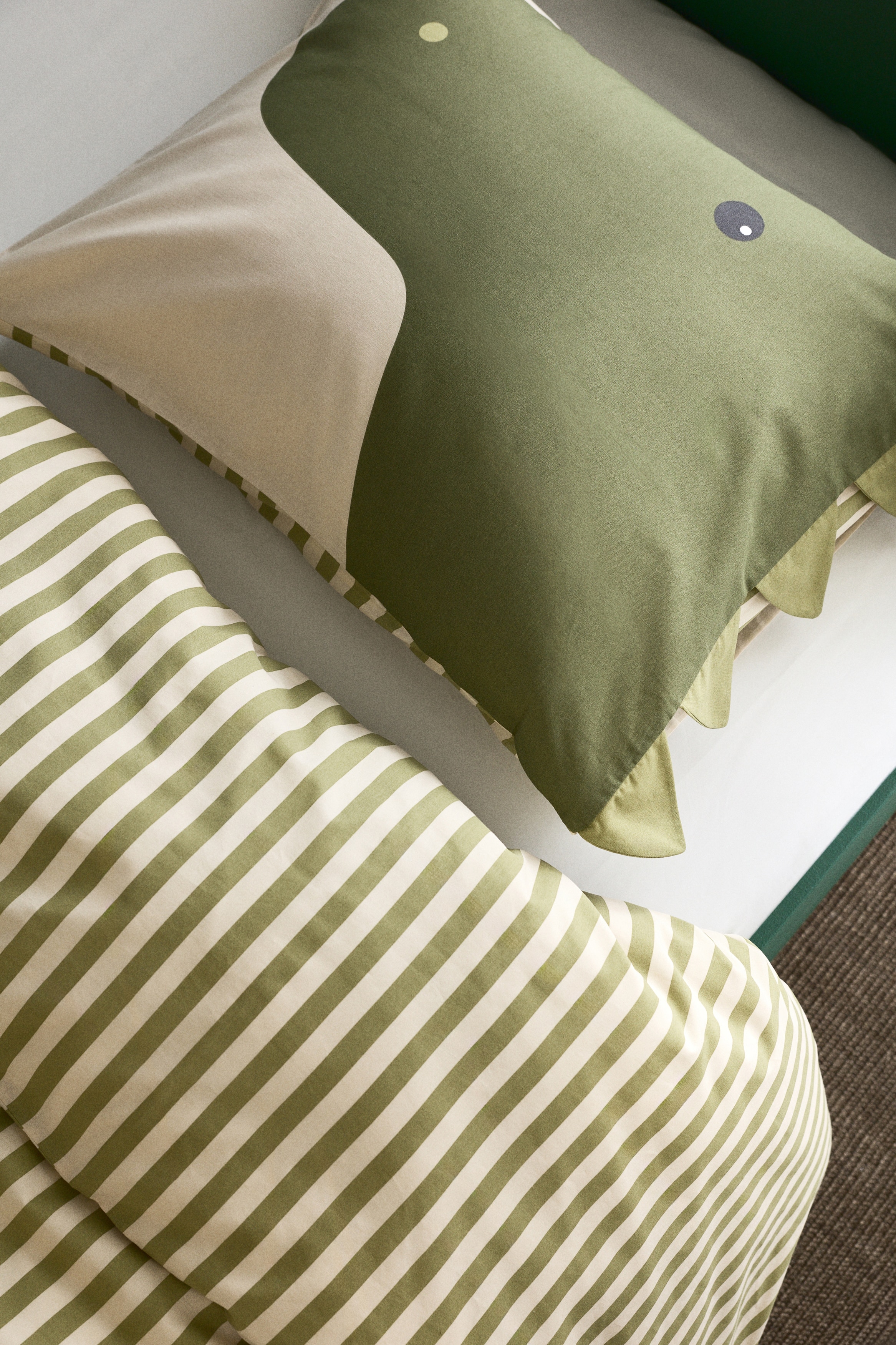 Katoenen dekbedset met dessin - eenpersoons - Groen gestreept/dinosaurus