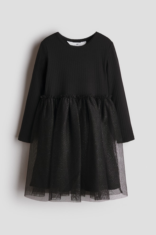 Long-Sleeved Dress with Tulle Skirt - Black/Beige/Powder pink/Pink/cherries - 1