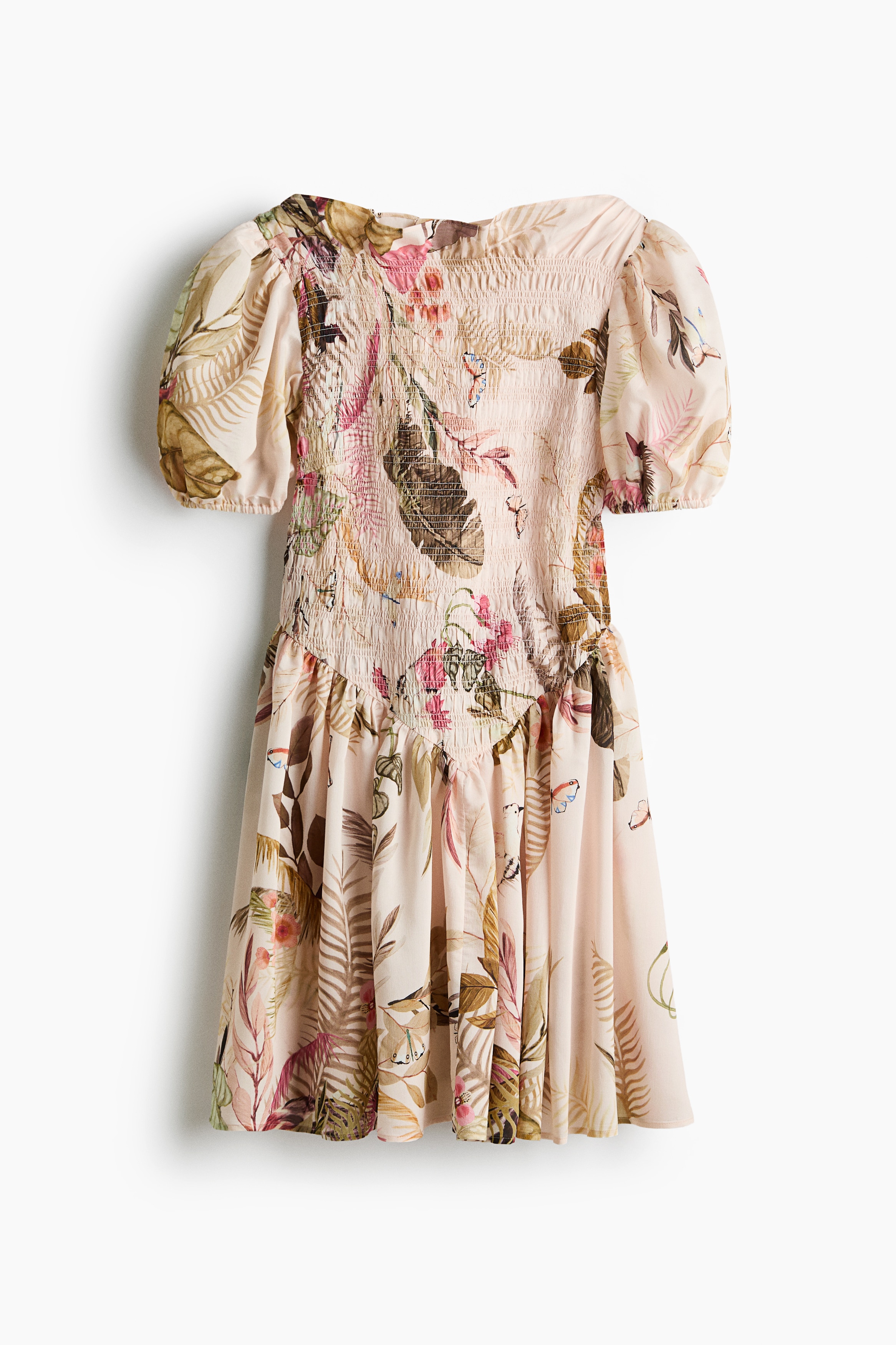 Smocked-Bodice Dress - Light dusty pink/patterned/Dark khaki green/Light beige/leopard print