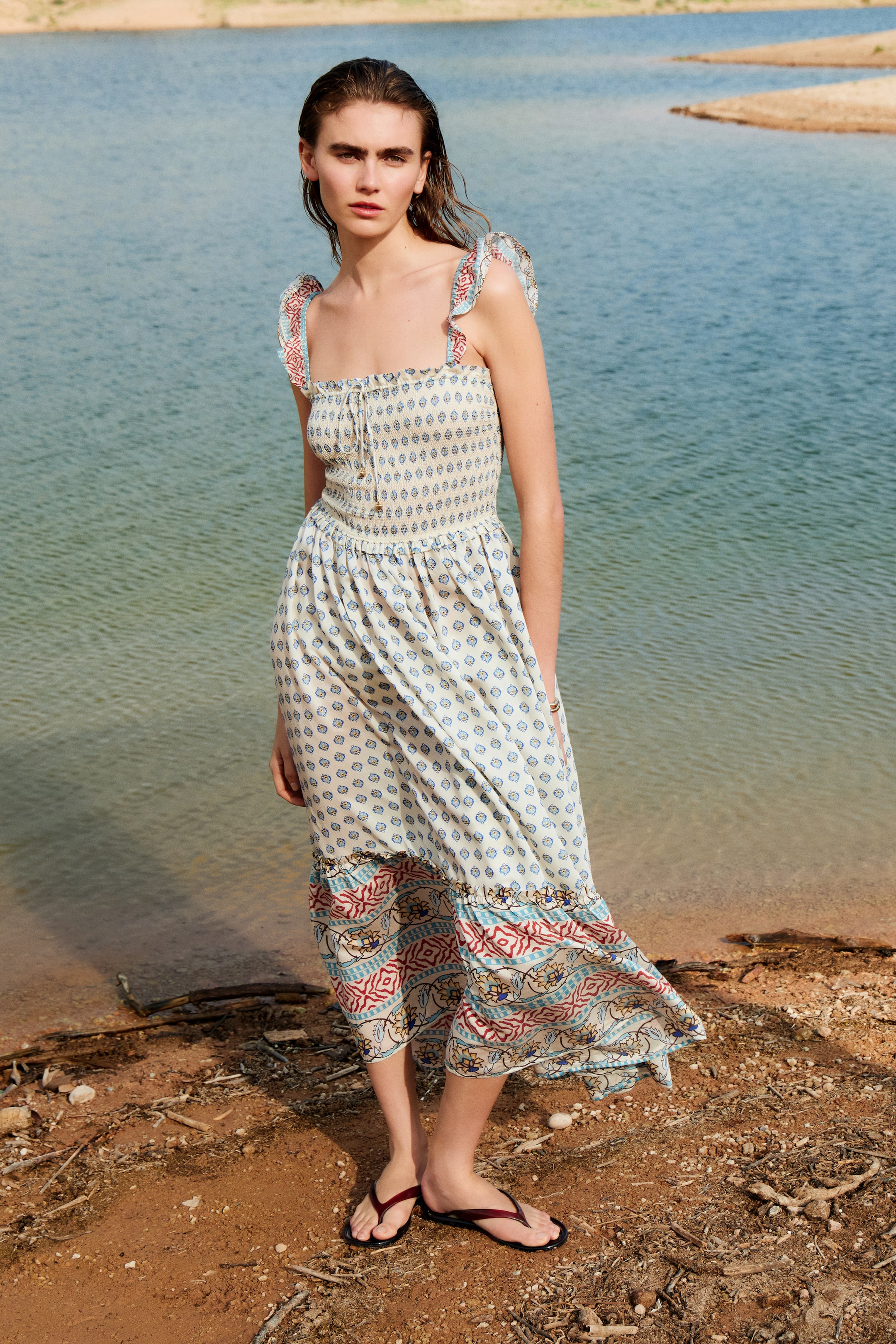View larger image: Flared-skirt smocked dress - Light beige/Patterned - Ladies | H&M 1