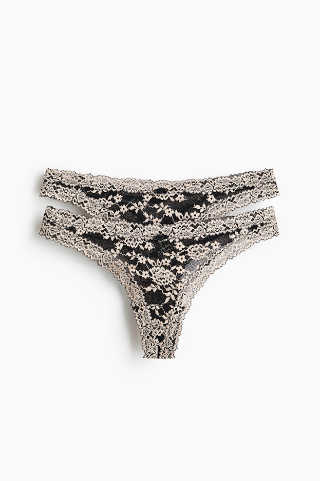 Set van 2 kanten slips - Thong - Zwart/roomwit - 1