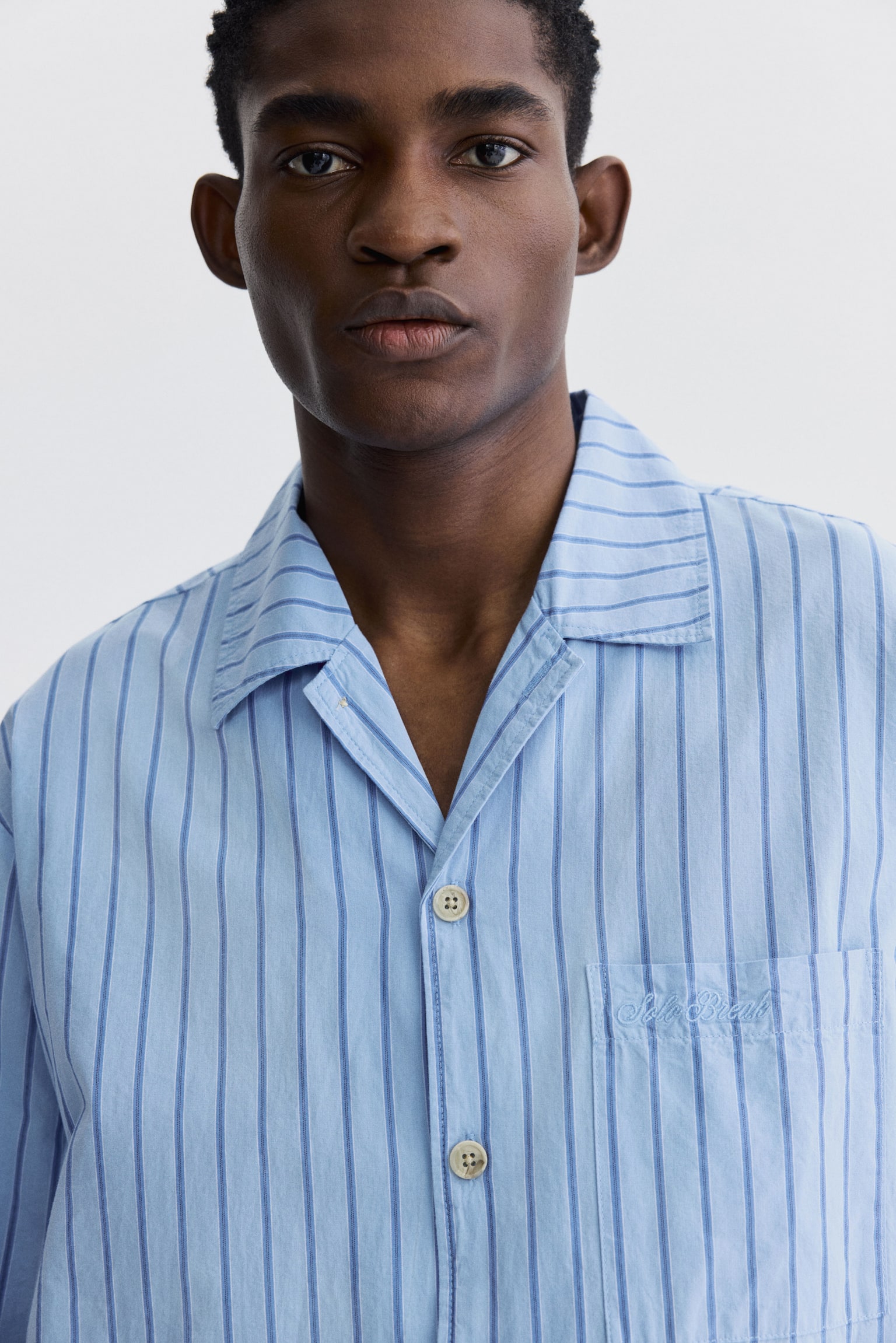 Poplin pyjama shirt and bottoms - Light blue/Striped/Khaki green/Striped/Khaki green/Checked - 4