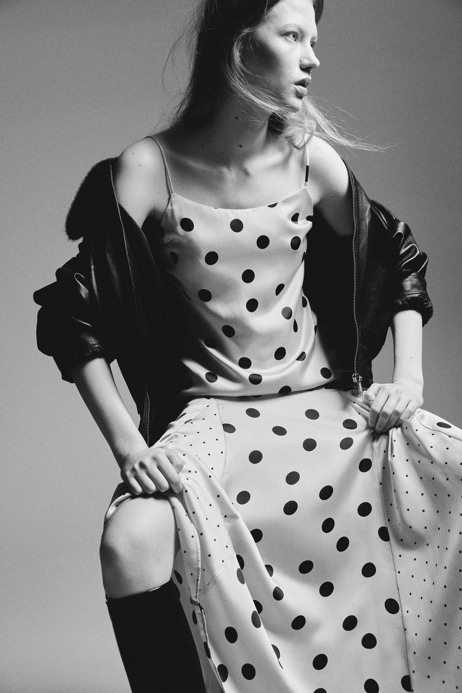 Flared-skirt satin dress - Light beige/Spotted - 3