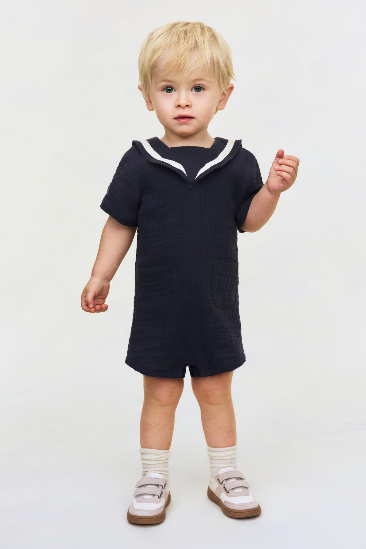 Navy blue Muslin Sailor Romper Suit for kids | H&M US
