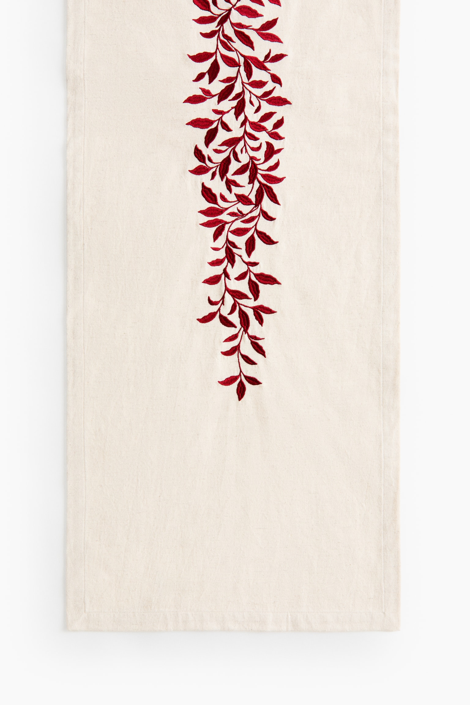Embroidered linen-blend table runner - Light beige/Foliage
