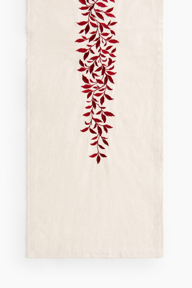 Broderad bordslöpare i linmix - Ljusbeige/Blad - 1