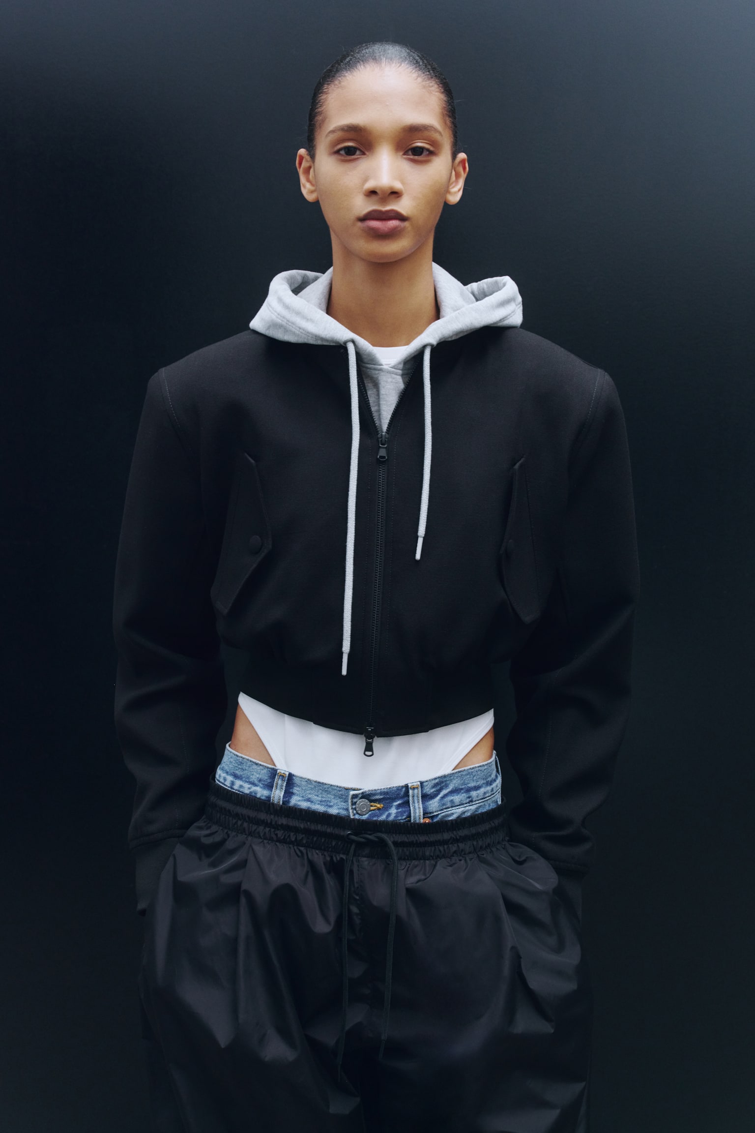 Cropped wool bomber jacket - Black - 1
