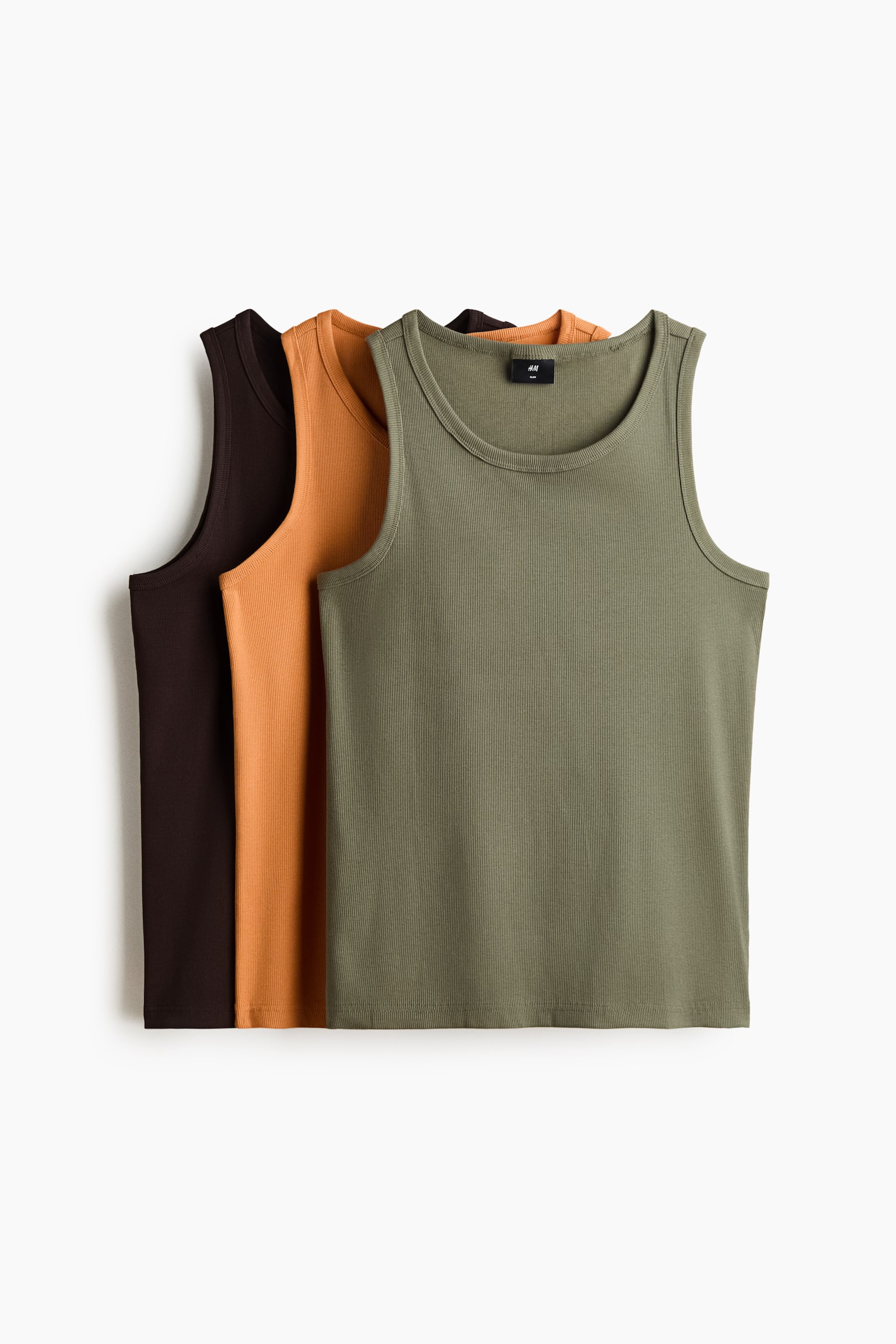 3-pack Slim Fit Ribbed vest tops - Dark brown/White/Grey/White/Light grey marl/Black/White/Grey marl
