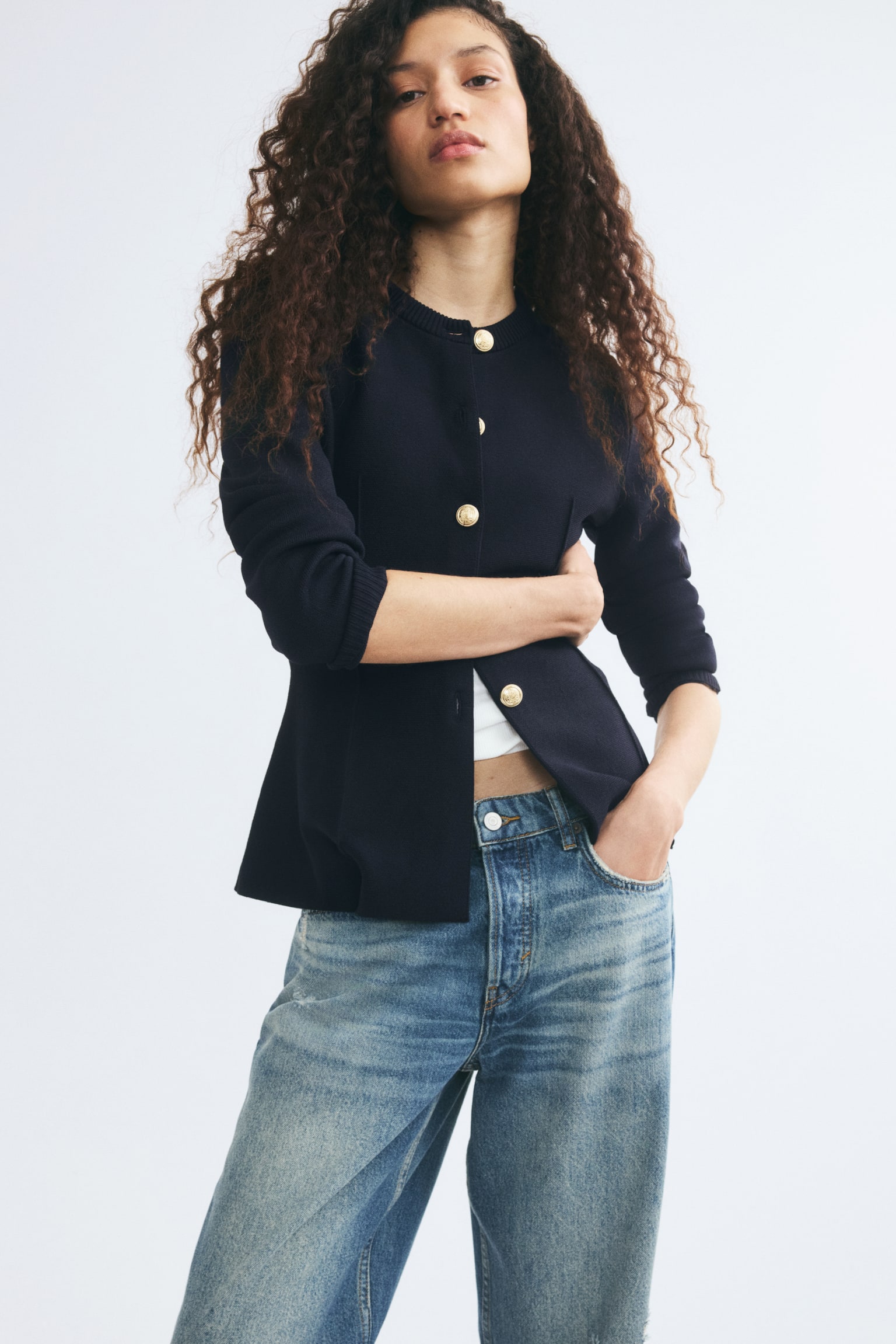 Fitted Fine-Knit Cardigan - Navy blue - 1