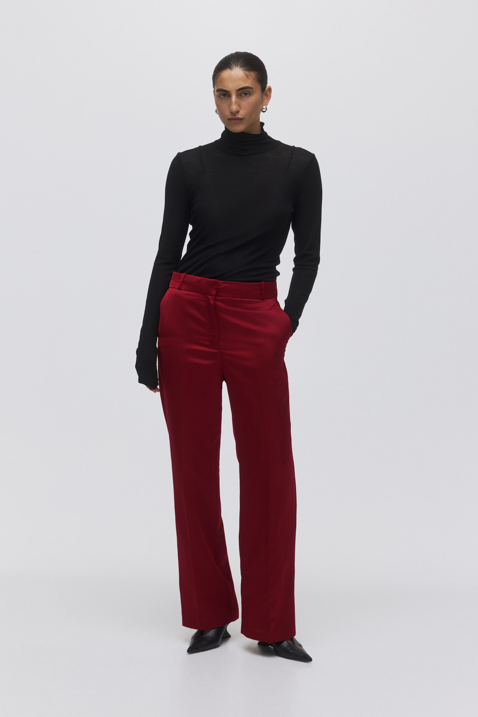 High-waisted tailored trousers - Dark red/Black/White - 1