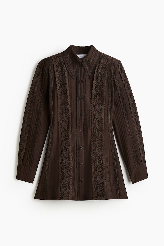 Lace-trimmed shirt dress - Dark brown - 1
