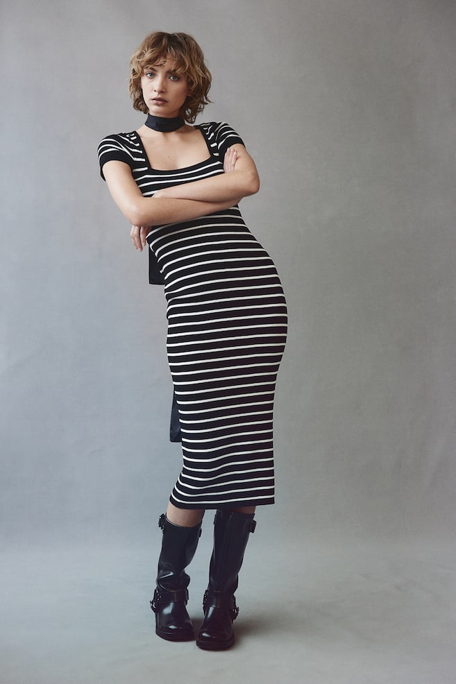 Rib-knit midi dress - Black/Striped/Black/Cream/Striped/Cream - 1