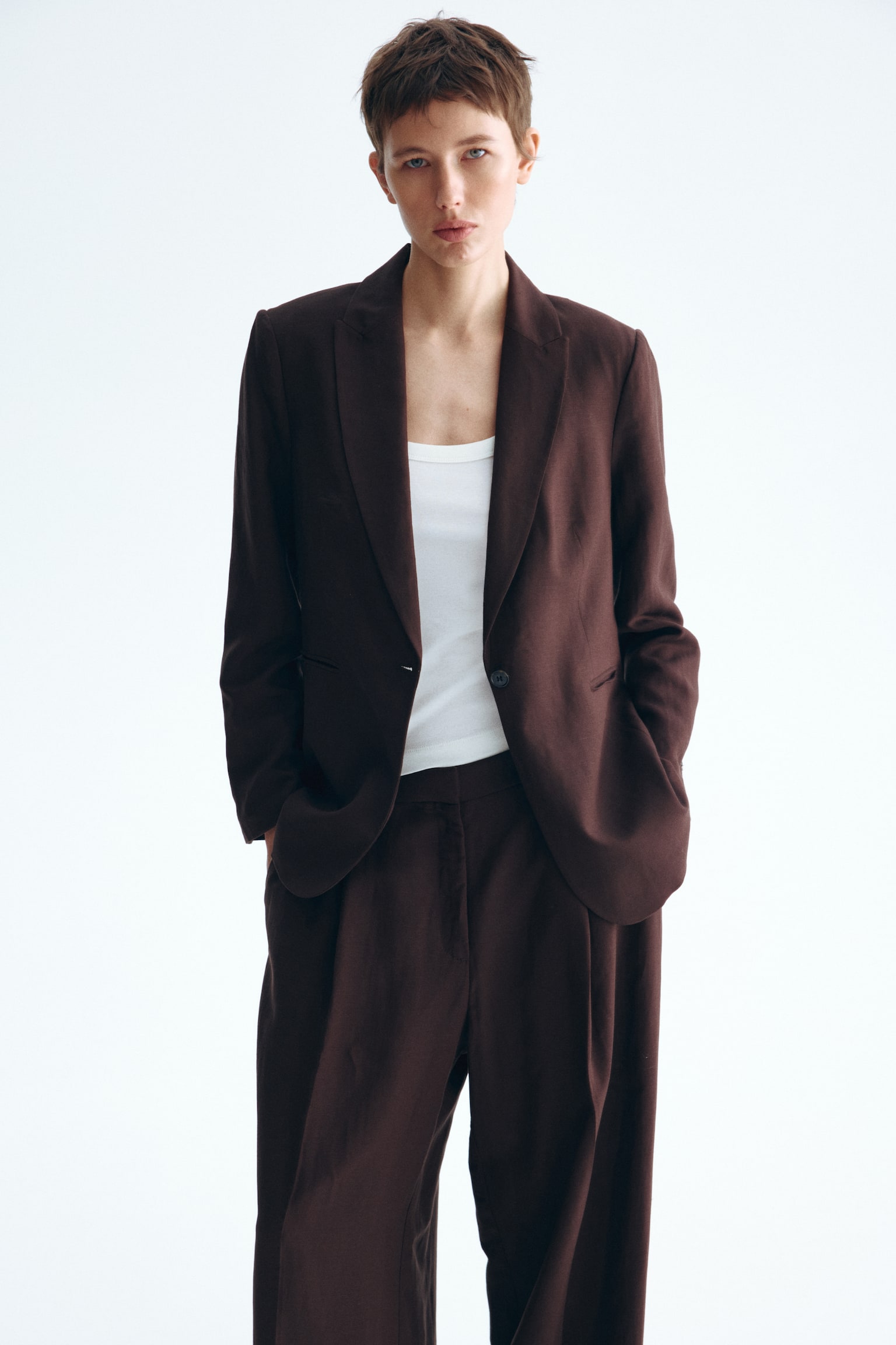 Linen-blend blazer - Dark brown/White/Light beige - 3