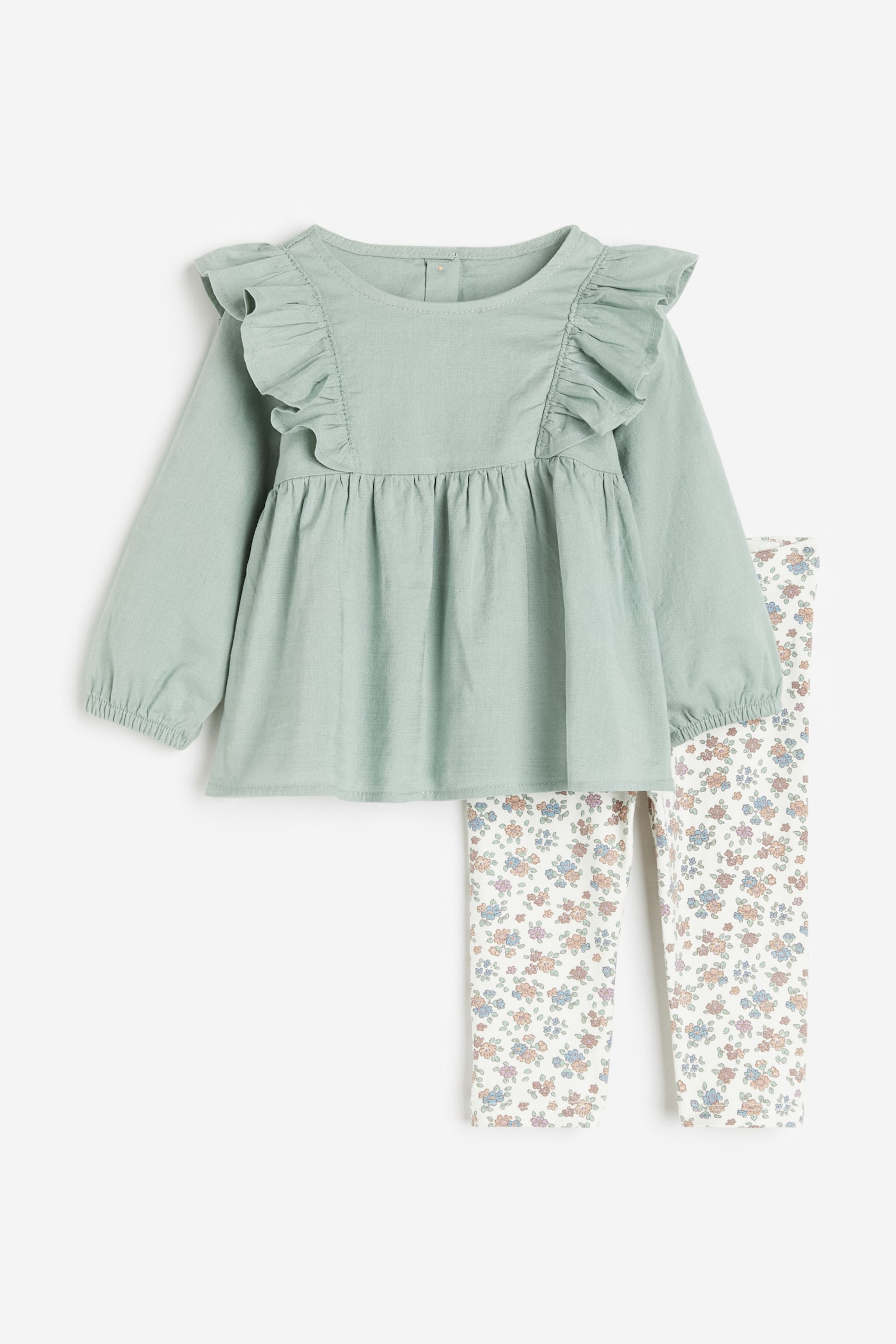 2-piece Blouse & Leggings Set - Dusty green/White/Floral - 1