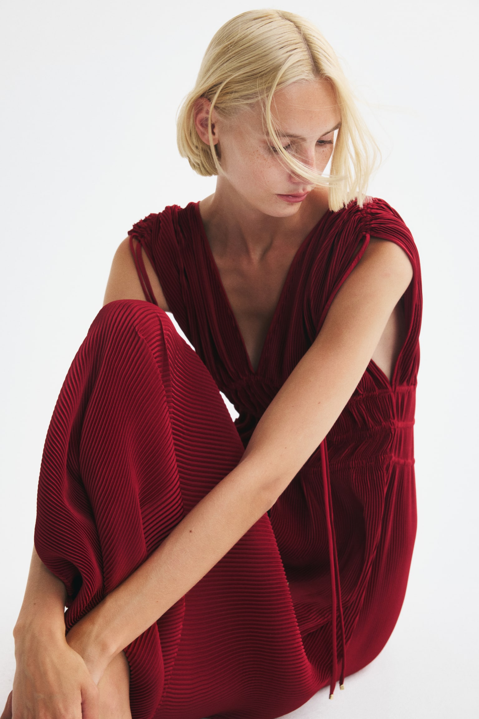 Crinkled drawstring-detail dress - Dark red/Dark brown - 1