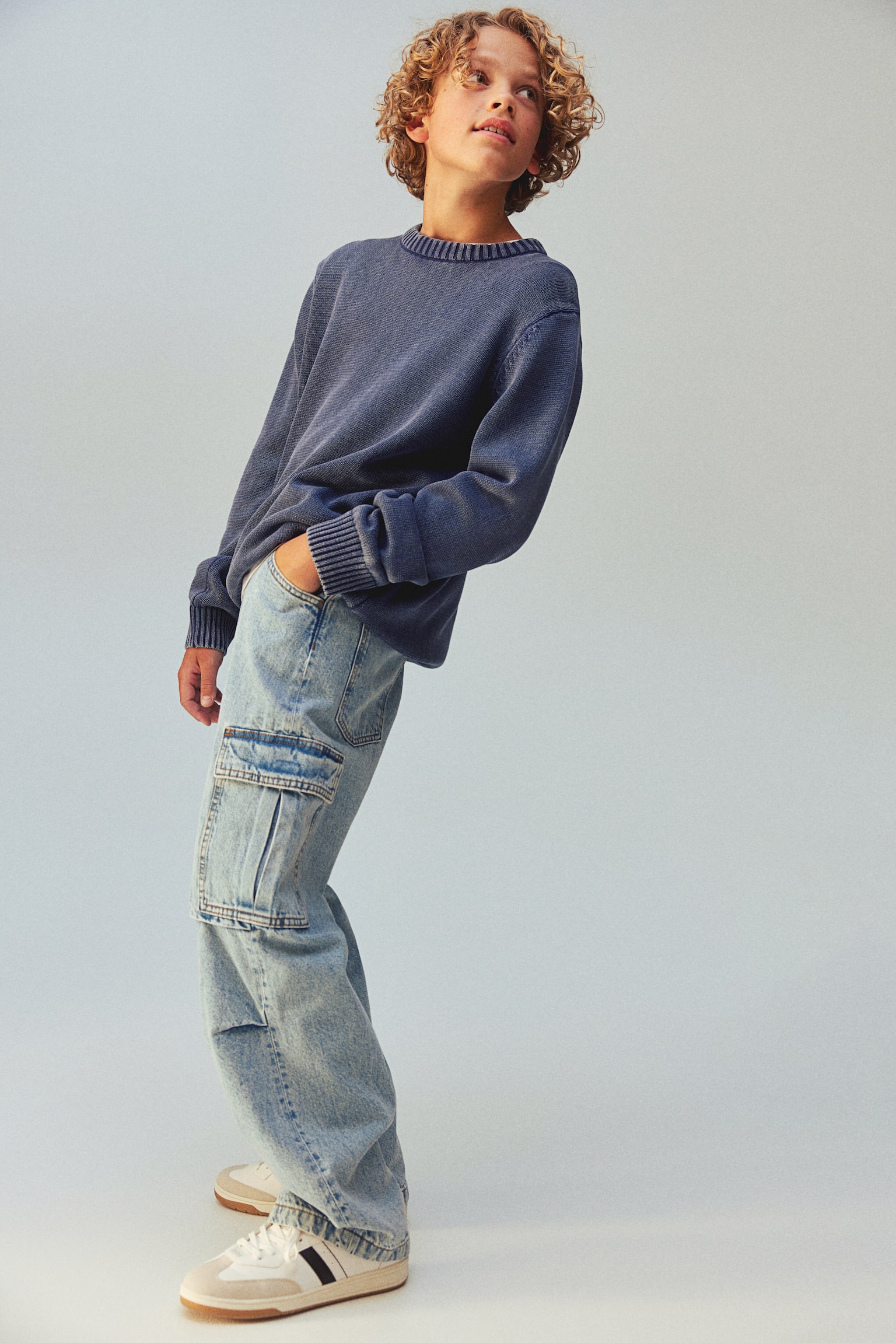 Loose-fit jumper - Washed dark blue/Beige - 5