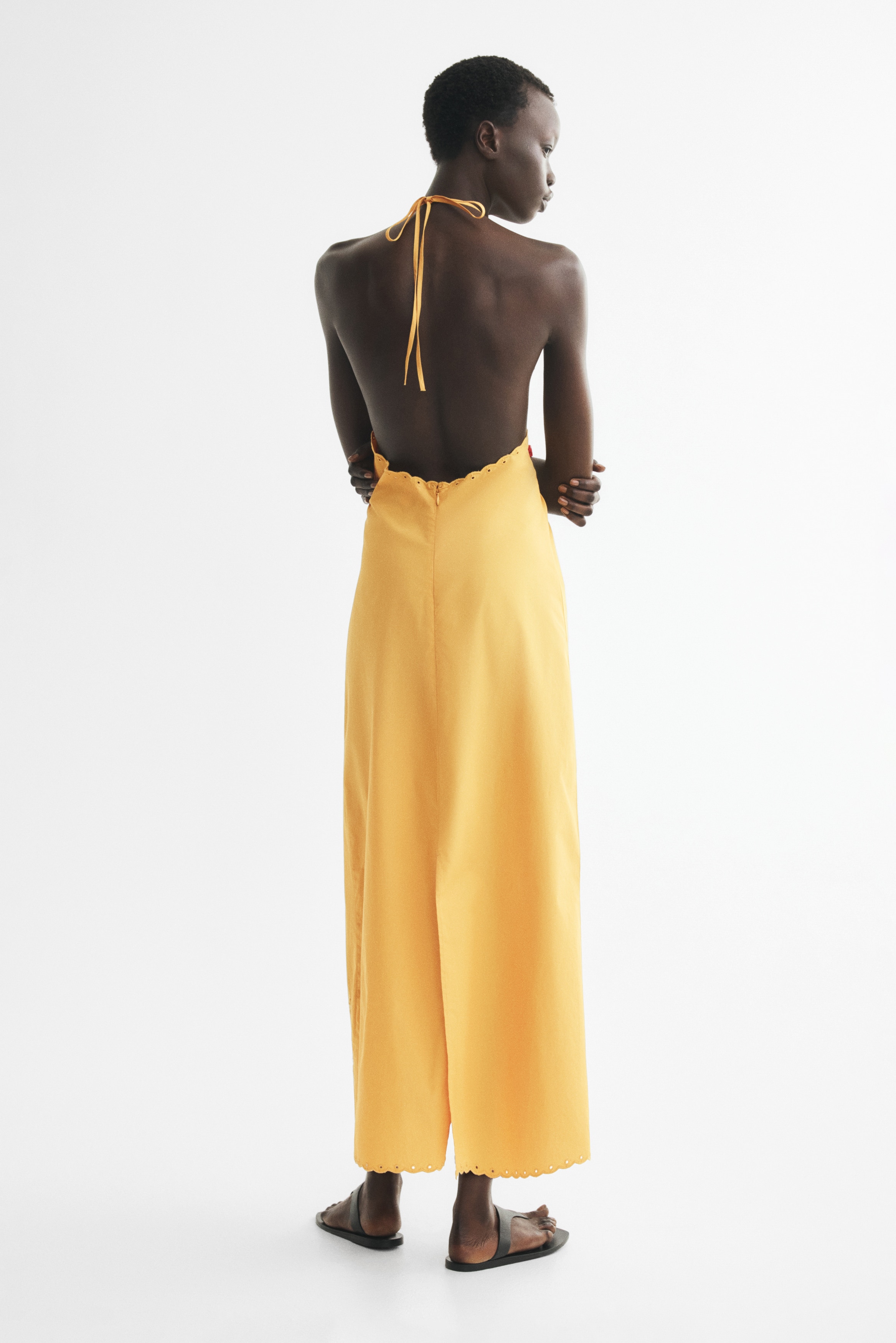 h&m yellow maxi dress NEW! chiffon tiered 6 S narrow cut at top Broderie anglaise halterneck dress