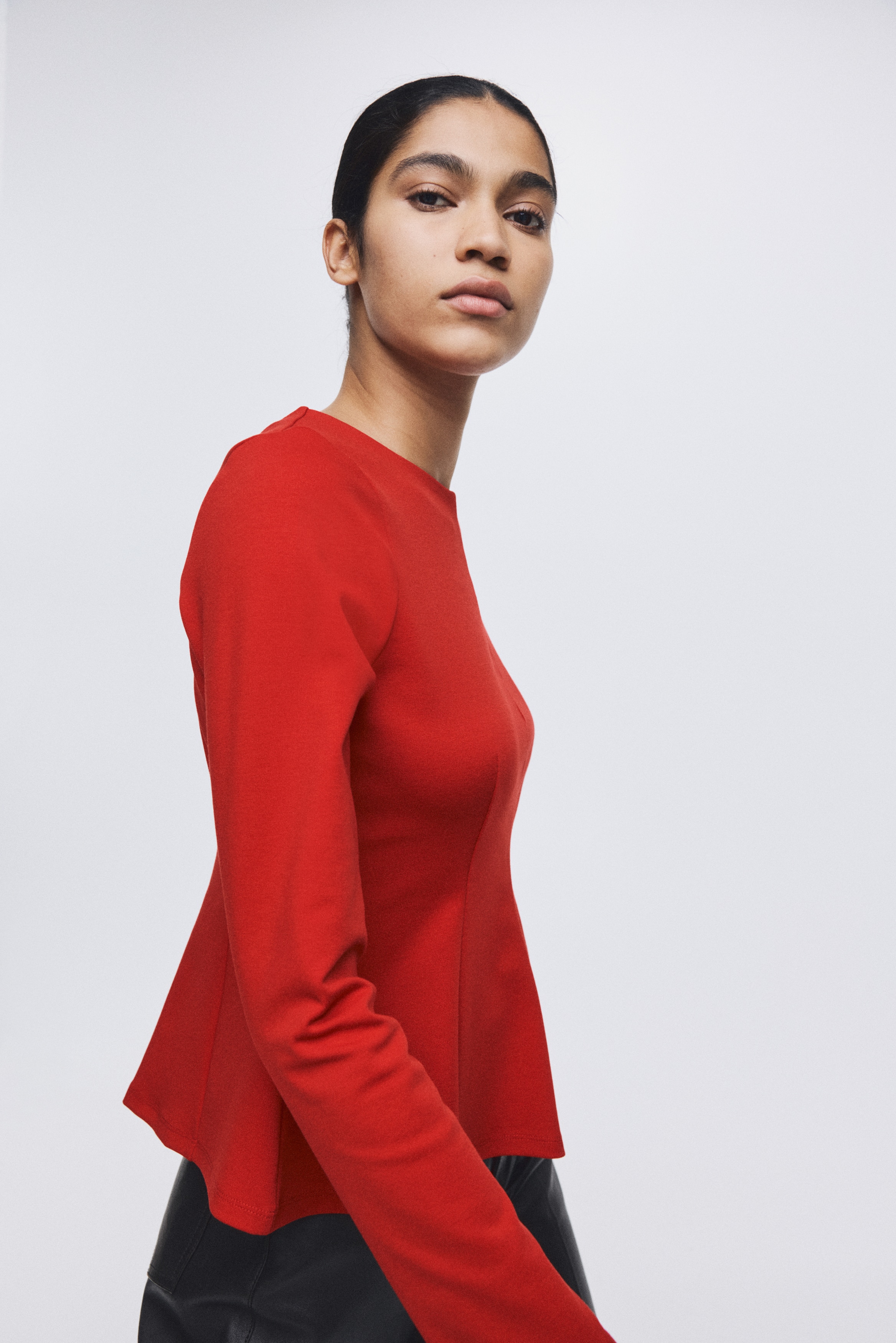 Jersey peplum top - Red/Dark grey/Black