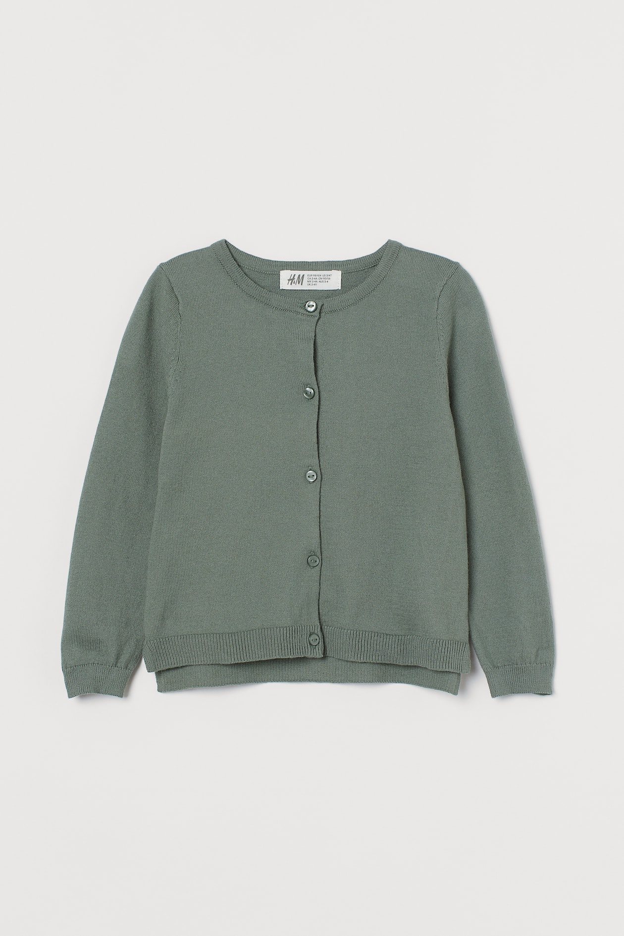 Fine-knit Cotton Cardigan - Round Neck - Long sleeve - Khaki green ...